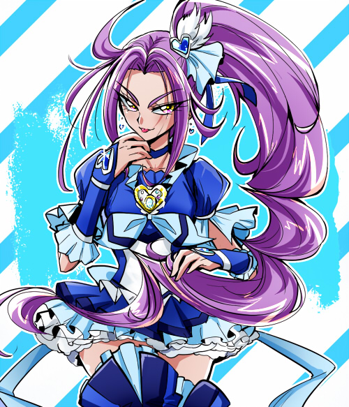 10s 1girl :p biho_(tsuinku) blue_background blue_skirt blue_thighhighs brooch choker cure_beat earrings female_focus frilled_skirt frills hair_ornament hair_ribbon hairpin heart heart_hair_ornament jewelry kurokawa_eren long_hair magical_girl precure purple_hair ribbon seiren_(suite_precure) skirt smile solo suite_precure thighhighs tongue tongue_out very_long_hair wrist_cuffs yellow_eyes