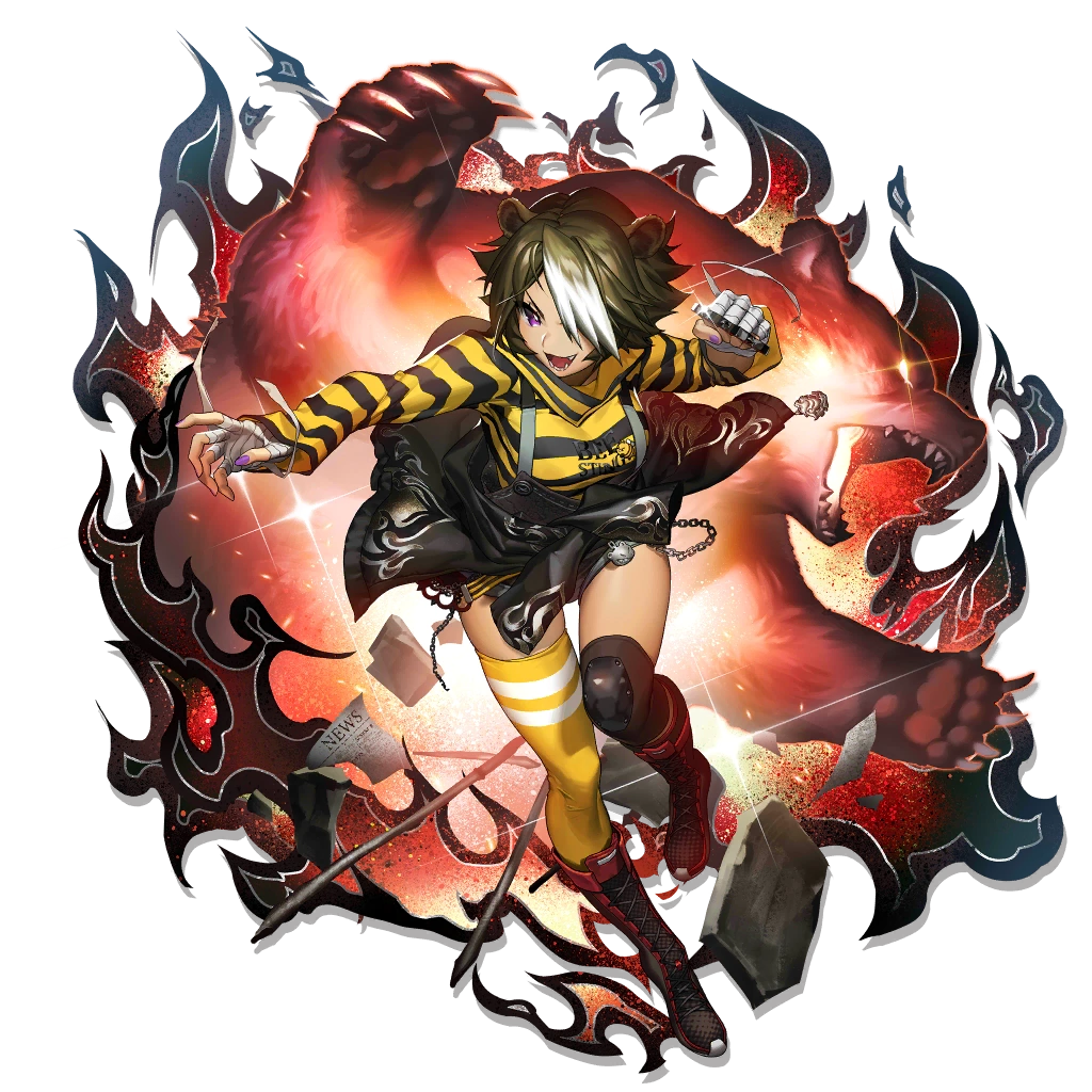 1girl :p animal_ears arknights bear_claws bear_ears bear_girl beehunter_(arknights) beehunter_(elite_ii)_(arknights) boots brass_knuckles breasts brown_hair chain commentary eyebrows_hidden_by_hair full_body hair_over_one_eye hand_up hand_wraps hood hoodie long_sleeves looking_at_viewer medium_breasts multicolored_hair nail_polish non-web_source official_art paper purple_eyes purple_nails short_hair short_shorts shorts solo standing thighhighs tongue tongue_out transparent_background two-tone_hair weapon white_hair yellow_thighhighs