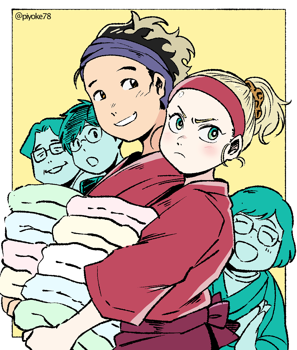 2girls 3boys ^_^ blonde_hair brown_hair closed_eyes closed_eyes glasses hair_ornament hair_scrunchie highres japanese_clothes katsuki_hiroko katsuki_mari katsuki_toshiya katsuki_yuuri multicolored_hair multiple_boys multiple_girls own_hands_together ponytail scrunchie smile takoda_(piyoke78) towel twitter_username two-tone_hair yuri!!!_on_ice yuri_plisetsky