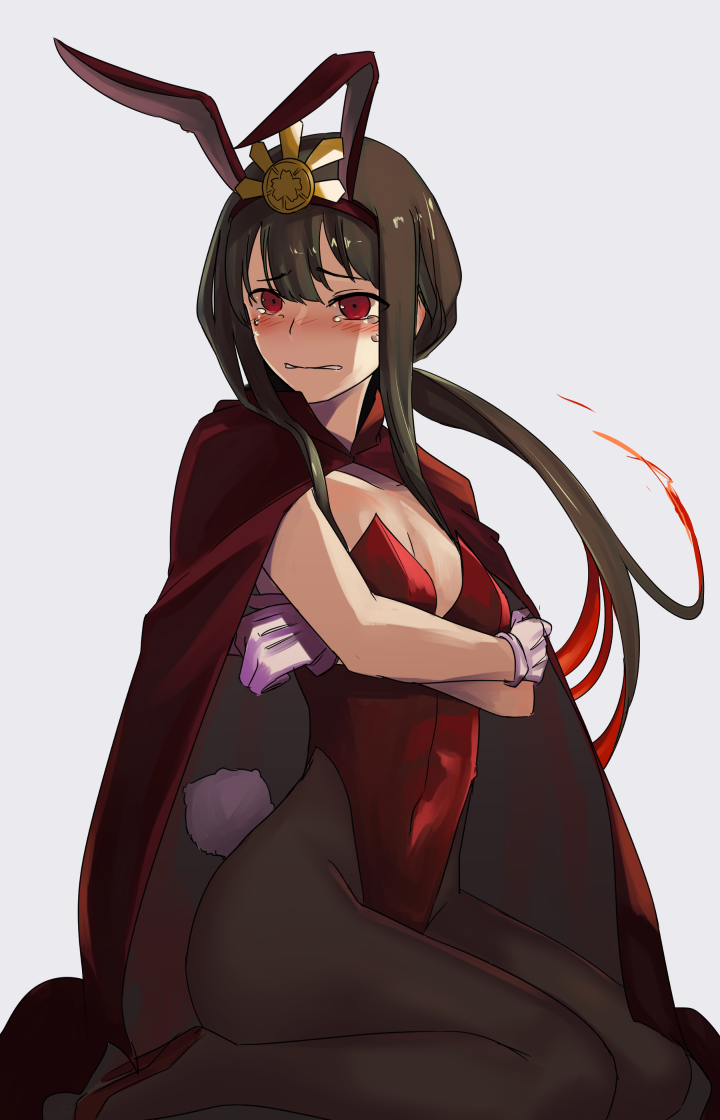 1boy androgynous animal_ears black_hair black_legwear blush breasts bulge cape capelet cleavage cloak crossdressing crossed_arms fake_animal_ears fate/grand_order fate_(series) gloves high_heels highleg highleg_leotard i-pan legs leotard long_hair male_focus male_playboy_bunny oda_nobukatsu_(fate) pantyhose pectoral_cleavage pectorals playboy_bunny ponytail rabbit_ears rabbit_tail red_eyes red_footwear red_leotard seiza sidelocks sitting tail tearing_up tears trap white_gloves