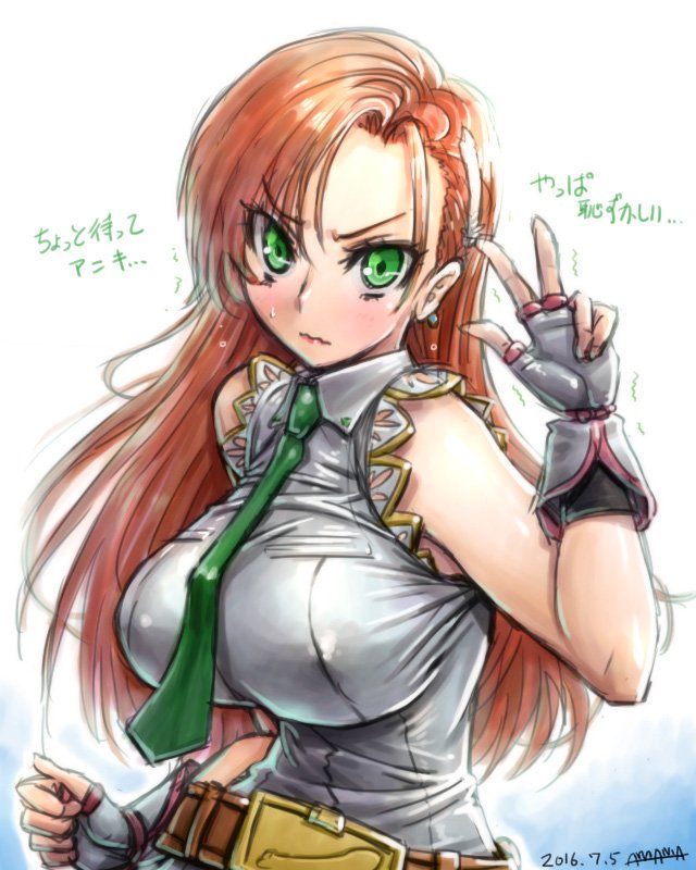 1girl amania_orz angry bare_shoulders belt blush breasts cliana_rimskaya covered_erect_nipples earrings feathers female_focus fingerless_gloves gloves gradient_background green_eyes hair_ornament hairclip jewelry large_breasts long_hair looking_at_viewer necktie orange_hair solo super_robot_wars super_robot_wars_destiny upper_body v