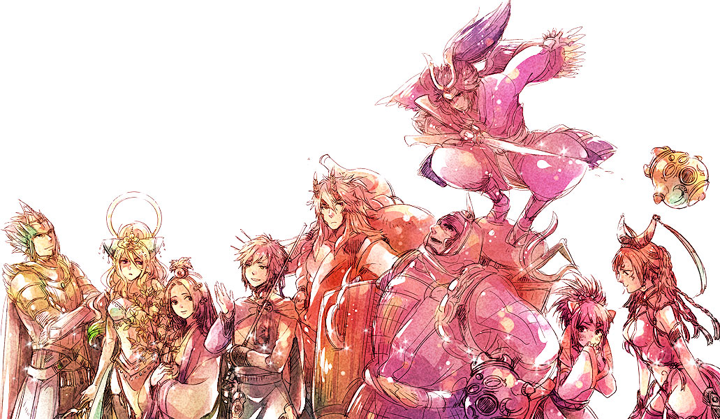 4girls 5boys benkei crescent da_ji doguu fishing_rod fu_xi gourd hair_ornament himiko_(musou_orochi) horns kaguya_(musou_orochi) long_hair minamoto_no_yoshitsune minamoto_no_yoshitsune_(musou_orochi) multiple_boys multiple_girls musou_orochi musou_orochi_2 nu_wa short_hair shuten_doji shuten_douji_(musou_orochi) sword taigong_wang_(musou_orochi) weapon yoshinori_(fmn)