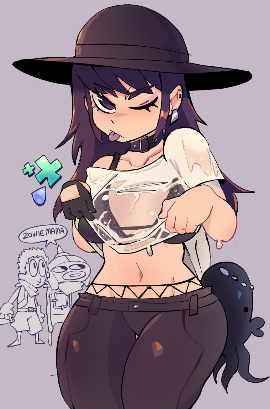 1girl 2boys belt_collar black_gloves black_headwear bra bra_visible_through_clothes collar ear_piercing english_text fishnet_pantyhose fishnets fishstick_(fortnite) fortnite gloves grey_background hat highres jiansketch jonesy_(fortnite) lifting_own_clothes looking_at_another looking_at_viewer midriff multiple_boys navel one_eye_closed pants pantyhose phaedra_(fortnite) piercing purple_hair see-through_clothes see-through_shirt shirt speech_bubble tongue tongue_out underwear water wet wet_clothes wet_shirt