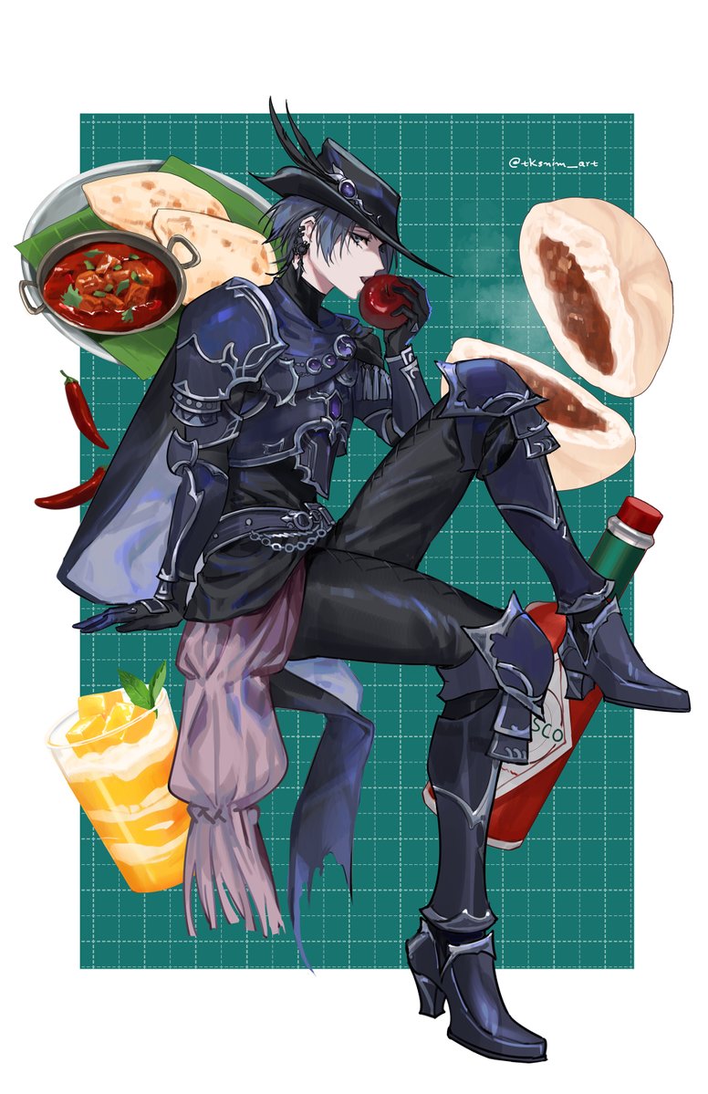 1girl androgynous apple arm_support armor black_cape black_gloves black_hair black_hat black_pants border bottle breastplate bun_(food) cape chili_pepper commentary cup curry drinking_glass ear_piercing earrings eating expressionless final_fantasy final_fantasy_xiv food from_side fruit full_body gloves greaves green_background grey_eyes hat hat_feather holding holding_food holding_fruit invisible_chair jewelry knee_pads knee_up looking_at_viewer open_mouth outside_border pants pauldrons piercing plate profile reaper_(final_fantasy) reverse_trap short_hair shoulder_armor signature simple_background sitting smoothie solo symbol-only_commentary tk_(tksnim) tricorne twitter_username white_border zero_(ff14)