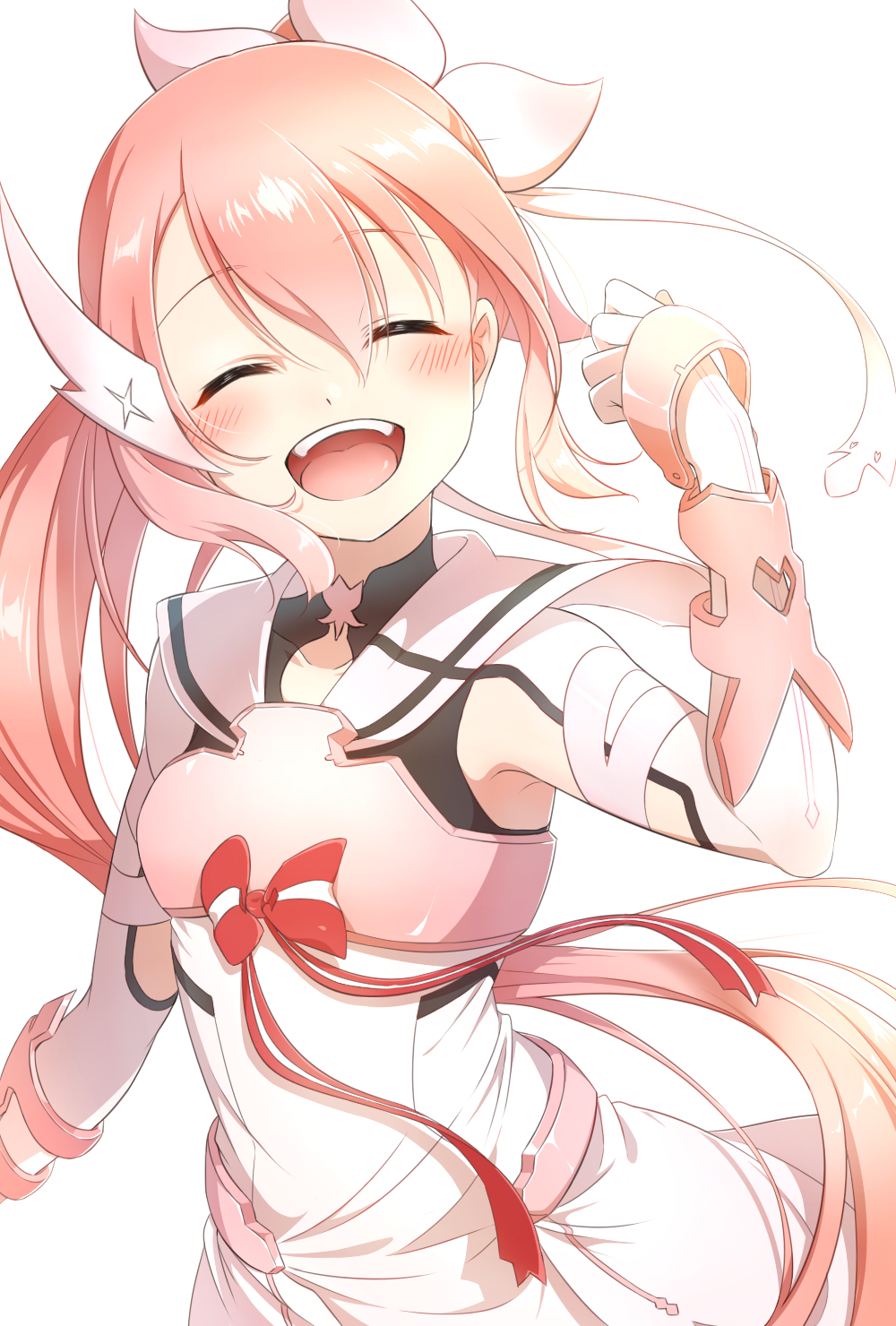1girl :d armor blush bow breastplate closed_eyes detached_sleeves dress eda_udon facing_viewer floating_hair hair_between_eyes highres long_hair mankai open_mouth pink_hair ponytail red_bow sailor_collar sailor_dress short_ponytail simple_background sleeveless sleeveless_dress smile solo very_long_hair white_background white_dress white_sailor_collar white_sleeves yuuki_yuuna yuuki_yuuna_wa_yuusha_de_aru yuusha_de_aru