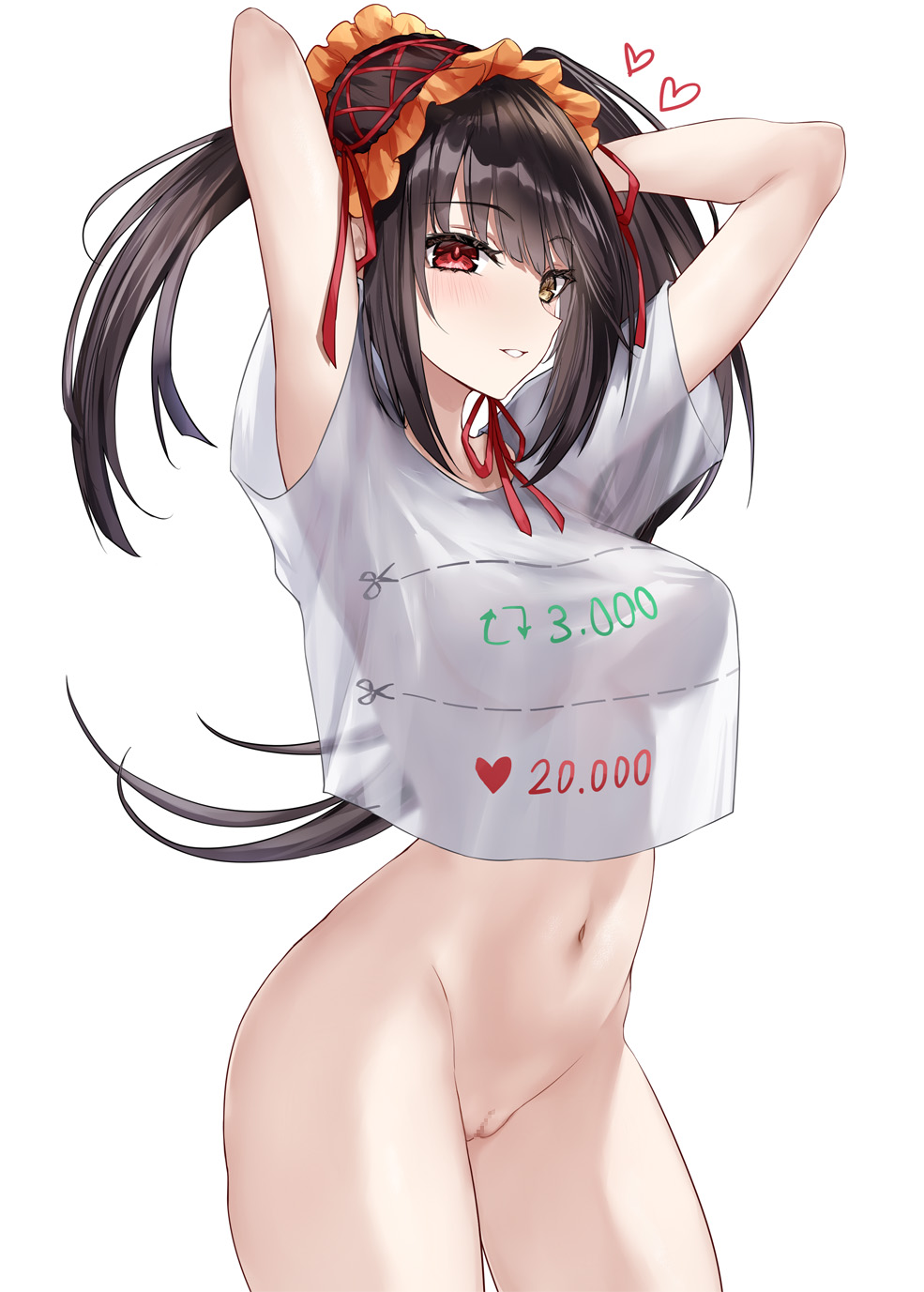 1girl arms_up asle black_hair bottomless breasts censored cowboy_shot cut-here_line date_a_live dotted_line frilled_hairband frills hairband heterochromia highres like_and_retweet medium_breasts mosaic_censoring no_pants parted_lips pussy red_eyes see-through_silhouette shirt solo tokisaki_kurumi twintails twitter_cutting_game twitter_strip_game white_shirt yellow_eyes