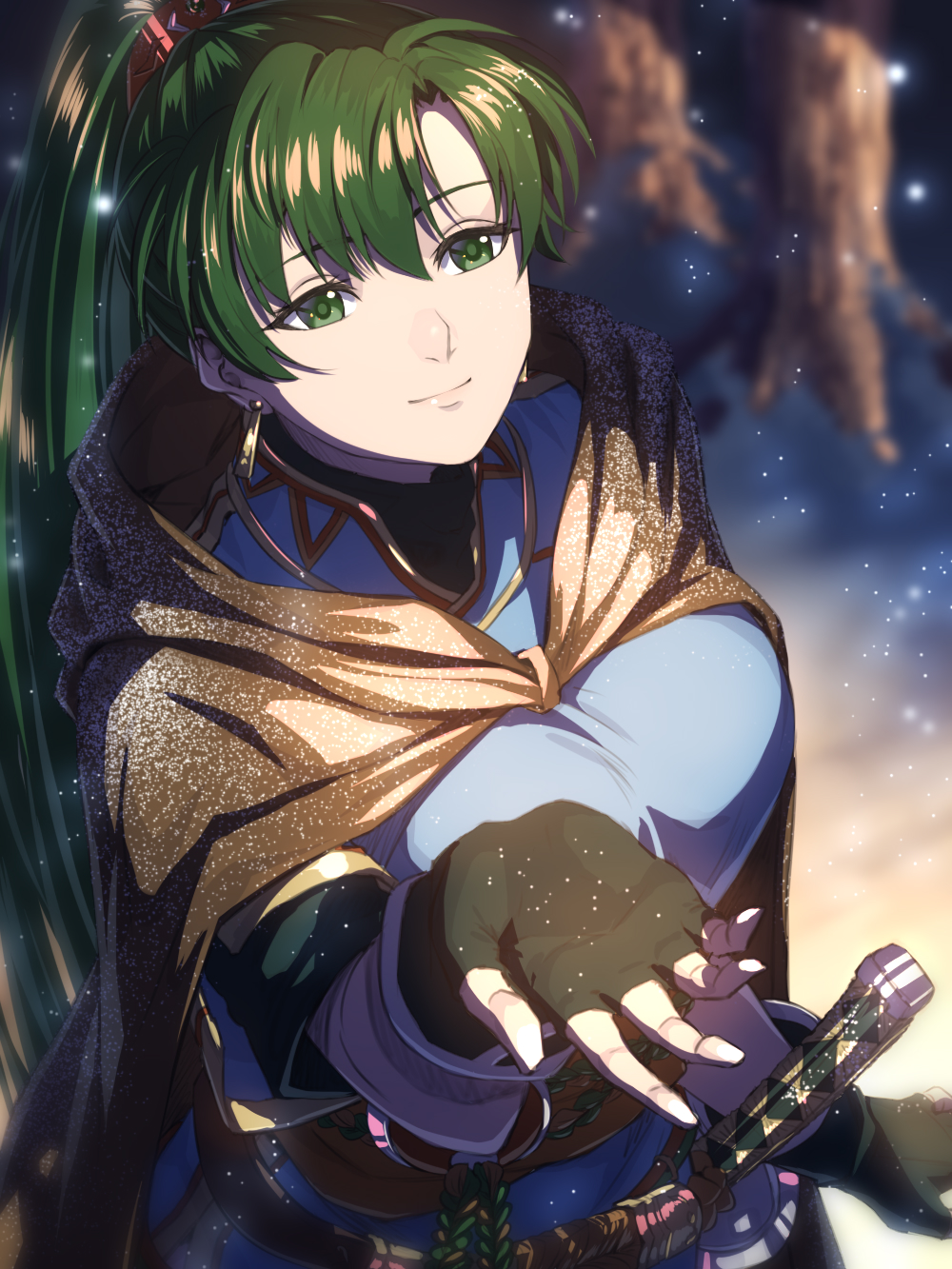 1girl blue_dress cloak commentary delsaber dress earrings english_commentary fingerless_gloves fire_emblem fire_emblem:_the_blazing_blade gloves green_eyes green_hair highres hood hooded_cloak jewelry light_smile lyn_(fire_emblem) nintendo outdoors ponytail sheath sheathed snow snow_on_body snowing solo sword tree upper_body weapon