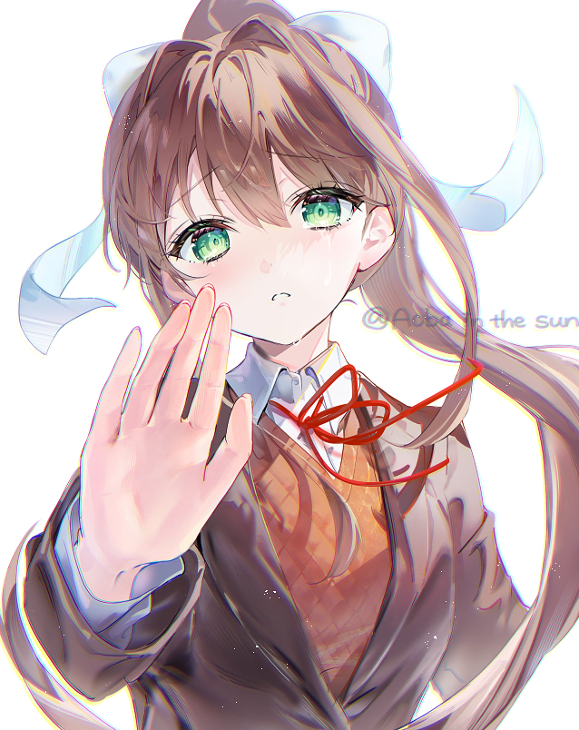 1girl artist_name blazer blush bow brown_hair brown_jacket chromatic_aberration collared_shirt crying crying_with_eyes_open doki_doki_literature_club doki_doki_literature_club_school_uniform green_eyes hair_between_eyes hair_bow hair_intakes hair_ribbon hand_up jacket lapels layered_sleeves long_hair long_sleeves looking_at_viewer monika_(doki_doki_literature_club) neck_ribbon notched_lapels open_hand open_mouth orange_sweater_vest orange_vest palms parted_lips ponytail red_ribbon ribbon sad school_uniform shirt sidelocks simple_background solo streaming_tears sweater_vest tears upper_body vest white_background white_bow white_shirt
