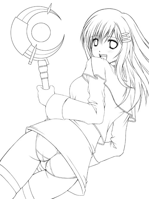 1girl abu ass breasts crescent facing_viewer female_focus gem hair_between_eyes hair_ornament hairclip happy holding holding_staff long_hair long_sleeves looking_at_viewer looking_back monochrome open_mouth panties pantyshot shirt simple_background smile solo sophia_esteed staff standing star_ocean star_ocean_till_the_end_of_time tagme teeth thighhighs tongue underwear white_background