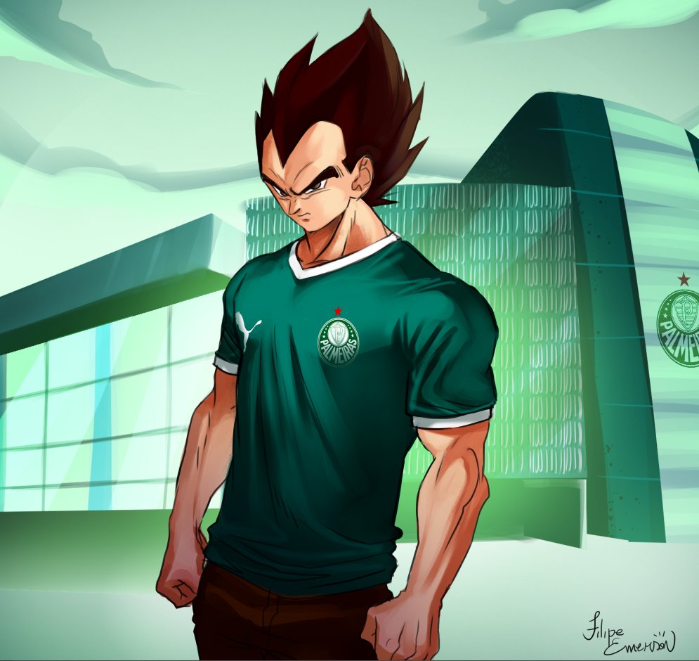 1boy alternate_costume black_eyes brazil brown_hair closed_mouth dragon_ball dragonball_z filipeemerson3 green_background green_cloud green_shirt green_sky looking_at_viewer pants puma_(brand) se_palmeiras shirt sky soccer soccer_uniform solo sportswear vegeta widow&#039;s_peak