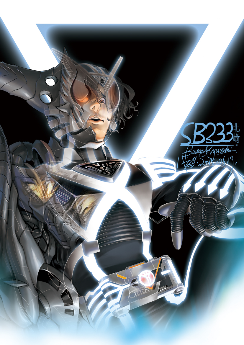 1boy armor bawang-ryuuzaki belt black_background brown_eyes commentary dragon_orphnoch glowing henshin kamen_rider kamen_rider_555 kamen_rider_delta kneeling knees_up long_hair looking_at_viewer male_focus open_mouth power_armor solo teeth text_focus transformation wavy_hair