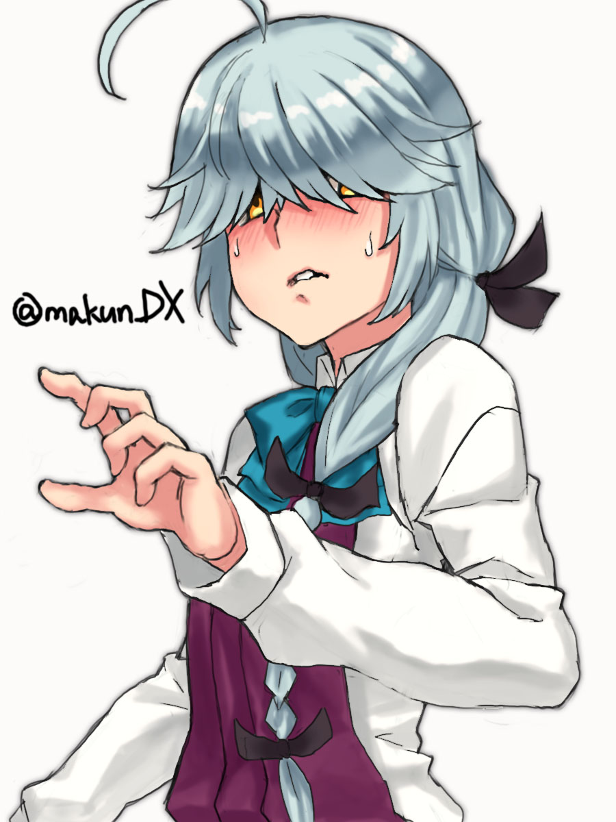 1girl ahoge aqua_bow aqua_bowtie bow bowtie braid brown_eyes collared_shirt dress dress_shirt grey_hair hair_over_eyes hamanami_(kancolle) highres kantai_collection long_hair long_sleeves maakun_(makun_dx) one-hour_drawing_challenge parted_bangs parted_lips pleated_dress purple_dress shirt simple_background single_braid solo twitter_username white_background white_shirt