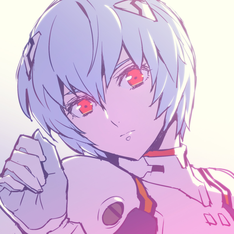 1girl ayanami_rei blue_hair bodysuit eyebrows_hidden_by_hair gloves hair_ornament hairclip interface_headset_(evangelion) looking_at_viewer mecha_pilot_suit neon_genesis_evangelion plugsuit_(evangelion) red_eyes short_hair simple_background solo tetsukuzu_tetsuko upper_body white_background white_gloves