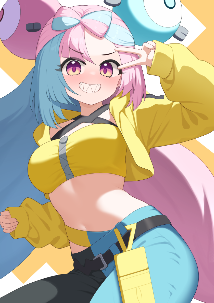 1girl bandeau belt black_belt bow-shaped_hair canari_(pokemon) canari_(pokemon)_(cosplay) character_hair_ornament commentary_request cosplay cropped_jacket grin hair_ornament hand_up hood hood_down hooded_jacket iono_(pokemon) jacket long_hair long_sleeves looking_at_viewer multicolored_hair murasaki3 nintendo open_clothes open_jacket pants pokemon pokemon_sv purple_eyes sleeves_past_wrists smile solo teeth two-tone_hair v yellow_bandeau yellow_jacket zipper zipper_pull_tab