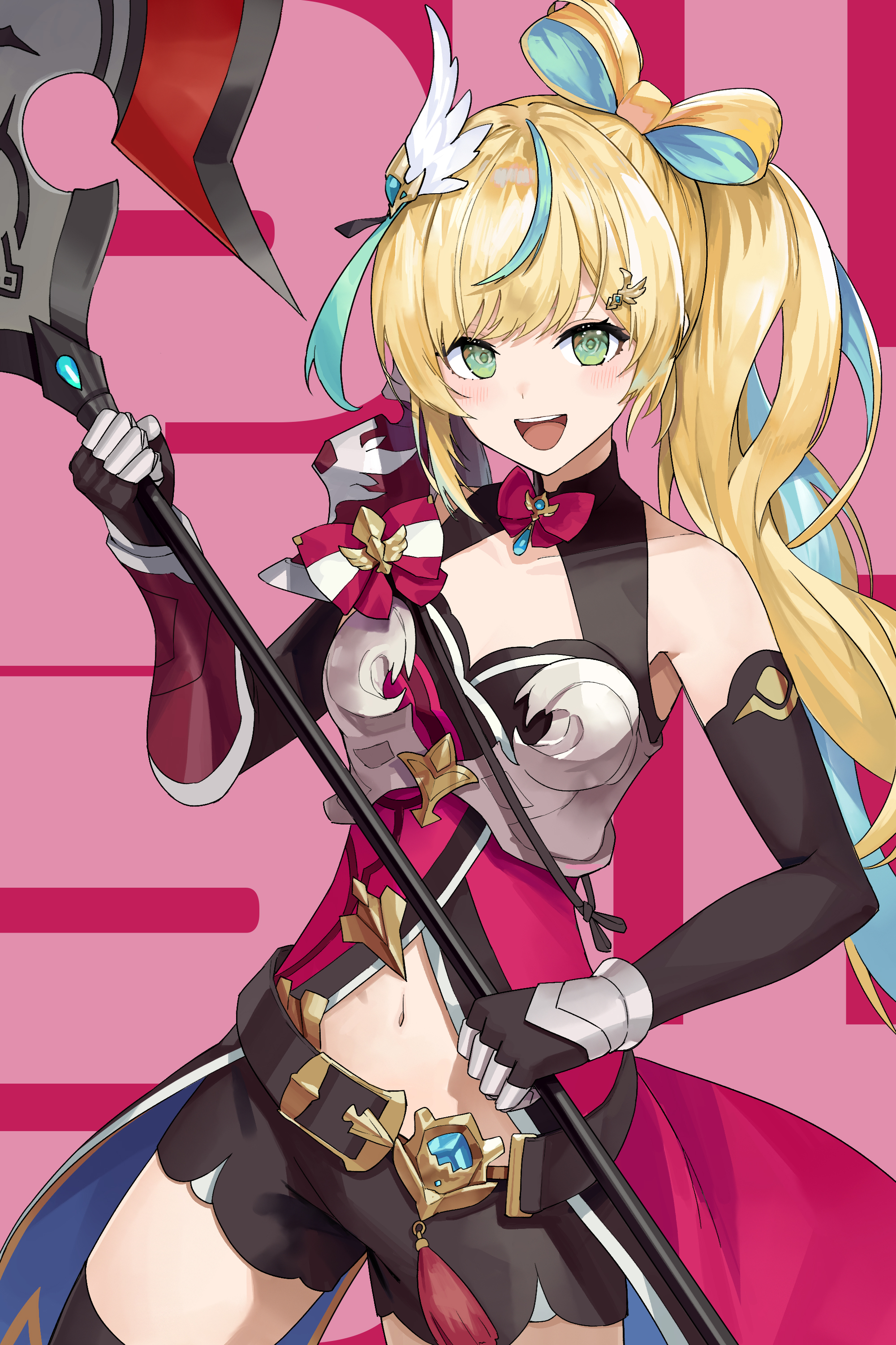 1girl absurdres aqua_hair armor armored_gloves axe belt belt_buckle black_gloves black_shorts black_thighhighs blonde_hair bow bow-shaped_hair bowtie breasts buckle cleavage collarbone cowboy_shot elbow_gloves gloves green_eyes hair_ornament hairclip highres long_hair multicolored_hair mytea_(soso) navel nijisanji open_mouth red_bow red_bowtie shorts shoulder_armor solo streaked_hair tachitsute_toto teeth thighhighs upper_teeth_only virtual_youtuber wing_hair_ornament