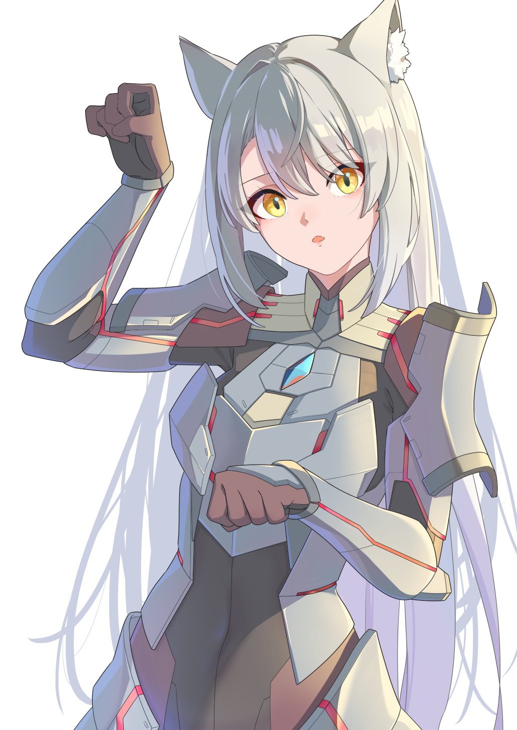 1girl animal_ear_fluff animal_ears armor asymmetrical_bangs black_bodysuit bodysuit cat_ears cat_girl commentary dated_commentary grey_hair hair_between_eyes hehe_jun highres long_hair looking_at_viewer m_(xenoblade) open_mouth parted_bangs paw_pose red_bodysuit slit_pupils solo standing two-tone_bodysuit very_long_hair xenoblade_chronicles_(series) xenoblade_chronicles_3 yellow_eyes