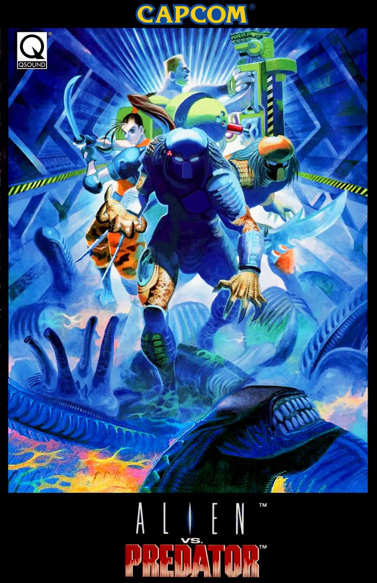 1994 1girl 3boys alien_(series) alien_vs._predator armor bengus boots capcom dutch_schaefer full_body gloves holding holding_sword holding_weapon katana linn_kurosawa looking_at_viewer multiple_boys official_art predator_(character) predator_(series) sword weapon xenomorph
