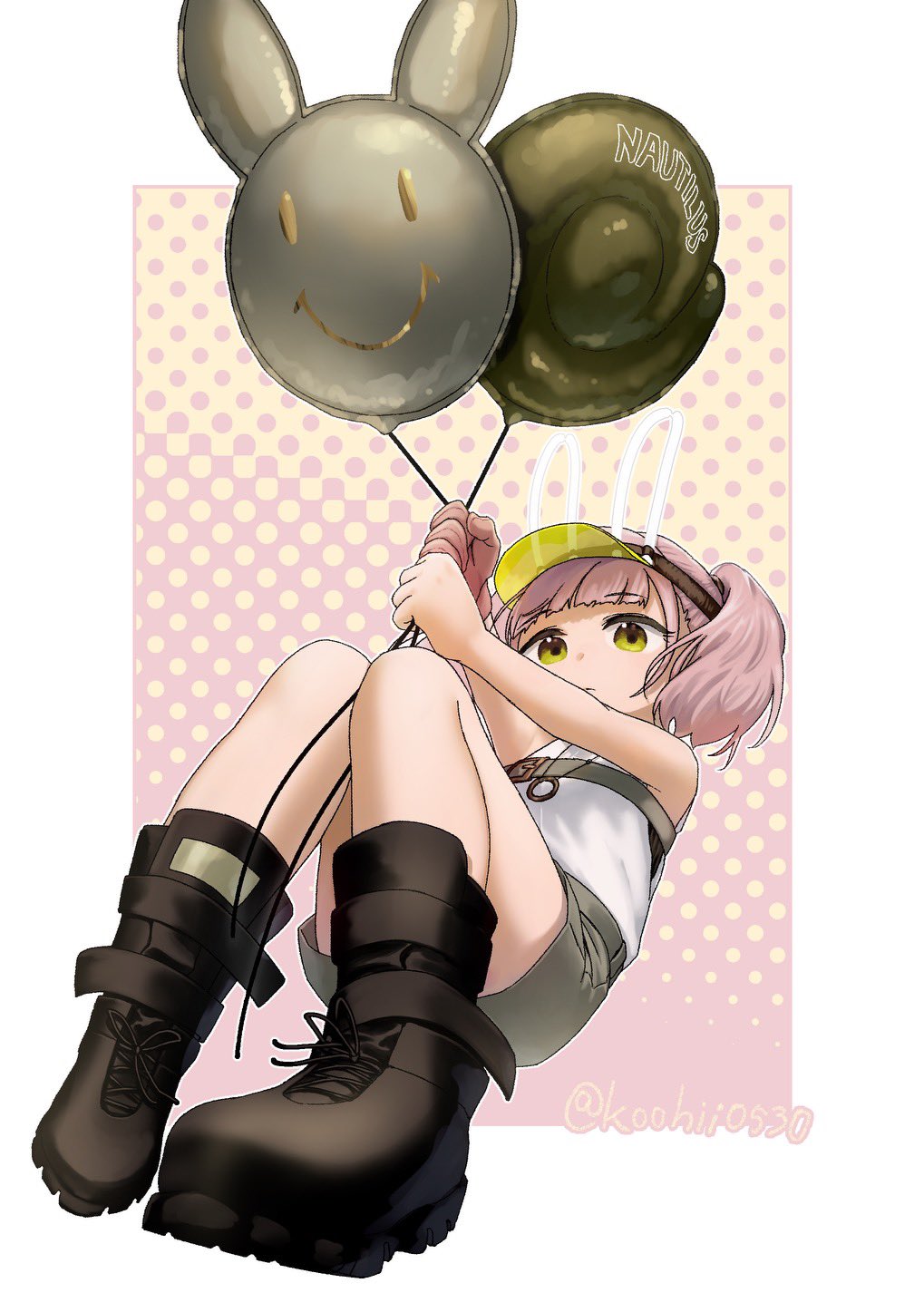 1girl animal_ears balloon black_boots boots commentary_request expressionless fake_animal_ears foreshortening girls&#039;_frontline girls&#039;_frontline_neural_cloud highres holding holding_balloon koohii0530 pink_hair rabbit_balloon shirt short_twintails shorts simple_background sleeveless sleeveless_shirt solo taisch_(neural_cloud) twintails twitter_username visor_cap white_shirt yellow_eyes