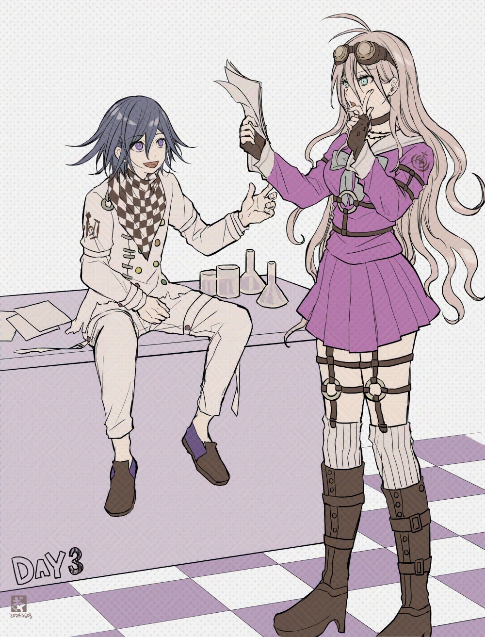 1boy 1girl antenna_hair arm_belt barbed_wire belt blonde_hair blue_eyes boots buttons checkered_clothes checkered_scarf choker danganronpa_(series) danganronpa_v3:_killing_harmony fingerless_gloves flipped_hair full_body gloves goggles goggles_on_head gyi_(xxxid4) hair_between_eyes highres holding holding_paper iruma_miu knee_boots long_hair long_sleeves multicolored_buttons multiple_belts o-ring o-ring_belt o-ring_legwear_garter o-ring_thigh_strap oma_kokichi open_mouth paper pink_serafuku pink_shirt pink_vest purple_eyes purple_hair reading scarf school_uniform serafuku shirt short_hair sitting skirt smile standing straitjacket talking thigh_belt thigh_strap tile_floor tiles two-tone_scarf vest wavy_hair