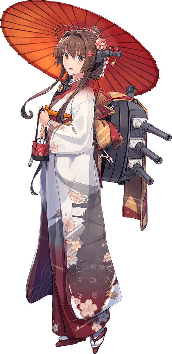 1girl alternate_costume bag blush brown_eyes brown_hair female_focus floral_print full_body furisode hair_intakes holding holding_bag japanese_clothes kantai_collection kimono long_hair looking_at_viewer matching_hair/eyes official_art oil-paper_umbrella orange_umbrella parted_lips range_finder sandals ship_turret shizuma_yoshinori sidelocks smile socks solo standing transparent_background type_91_armor-piercing_shell umbrella white_kimono white_socks wide_sleeves yamato_(battleship) yamato_(kancolle) yamato_(new_year)_(kancolle)