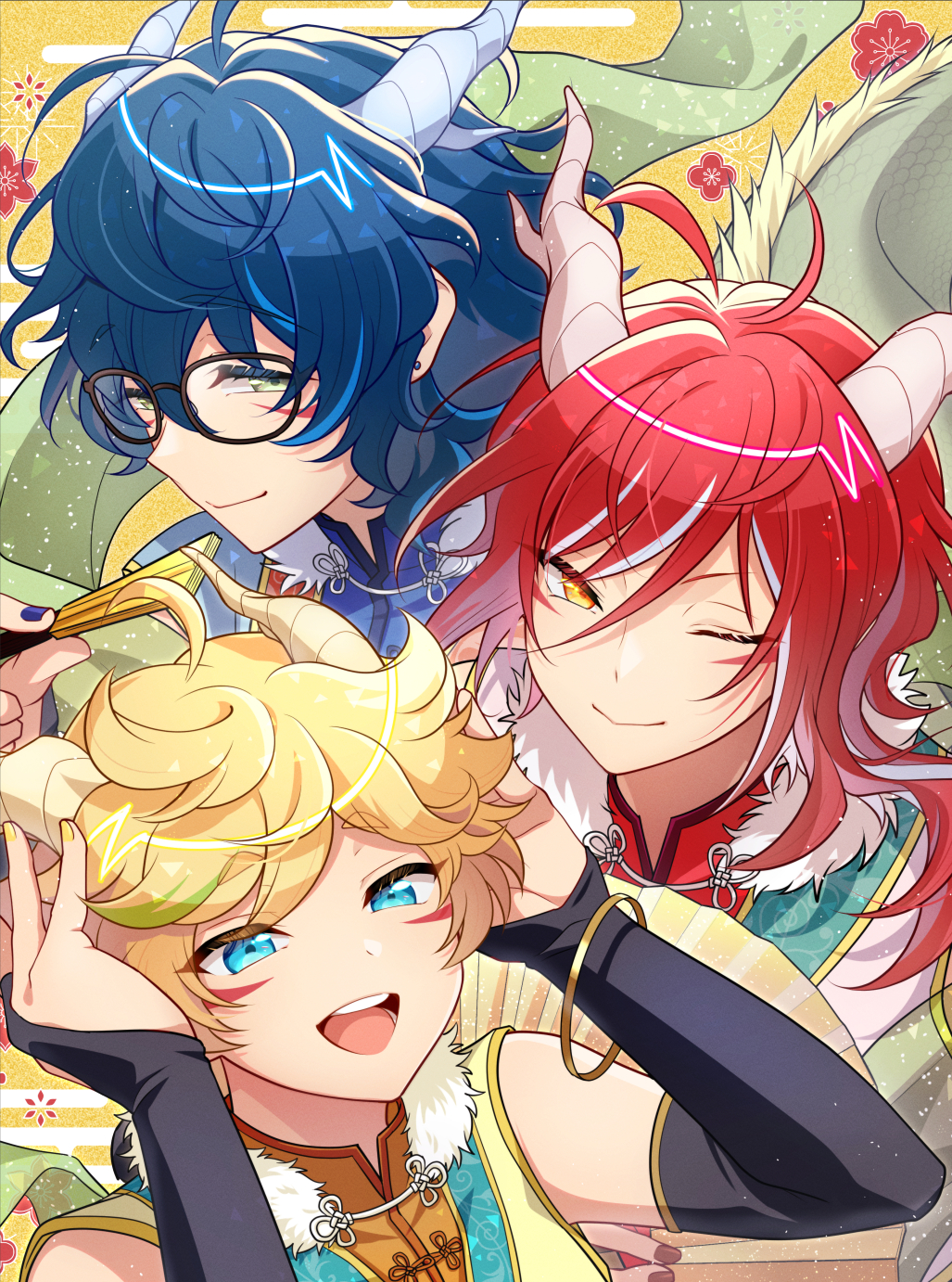 3boys aoba_tsumugi blonde_hair blue_eyes blue_hair closed_mouth dragon_boy dragon_horns ensemble_stars! green_eyes green_hair harukawa_sora highres horns looking_at_viewer male_focus multicolored_hair multiple_boys one_eye_closed red_hair sakasaki_natsume short_hair short_hair_with_long_locks smile switch_(ensemble_stars!) take_no_ko white_hair yellow_eyes