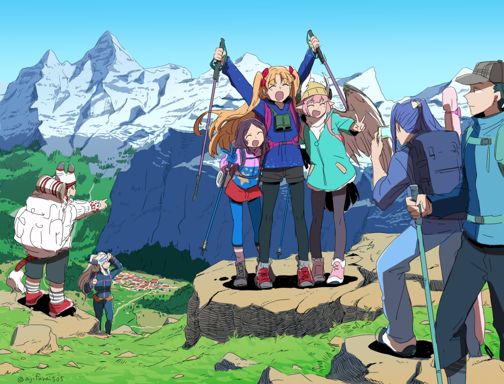 3boys 4girls :d ^_^ alps arm_up arms_up artoria_pendragon_(fate) artoria_pendragon_(lancer_alter)_(fate) artoria_pendragon_(lancer_alter)_(traveling_outfit)_(fate) asaya_minoru asterios_(fate) asterios_(traveling_outfit)_(fate) backpack bag beanie binoculars black_legwear black_sclera black_shorts blonde_hair blue_bag blue_gloves blue_hair blue_jacket blue_legwear blue_pants blue_sky boots bow braid brown_bag brown_hair brown_hat brown_legwear brown_wings cane cellphone character_request circe_(fate) circe_(traveling_outfit)_(fate) closed_eyes closed_mouth colored_sclera commentary_request day ereshkigal_(fate) ereshkigal_(traveling_outfit)_(fate) fate/grand_order fate_(series) feathered_wings girl_sandwich gloves grey_footwear hair_bow hat high_ponytail hiking_pole holding holding_phone jacket leonardo_da_vinci_(fate) leonardo_da_vinci_(fate/grand_order) leonardo_da_vinci_(rider)_(fate) long_hair long_sleeves looking_away looking_to_the_side mountain multiple_boys multiple_girls o/ open_mouth outdoors outstretched_arm outstretched_arms pants pantyhose phone pink_bag pink_hair pink_shoes pointing ponytail profile red_bow red_eyes red_footwear red_skirt rock sandwiched sasaki_kojirou sasaki_kojirou_(fate) sherlock_holmes_(fate) shoes short_shorts shorts side_braid skirt sky smile socks standing striped_clothes striped_legwear striped_socks tail taking_picture two_side_up v very_long_hair white_bag white_hair white_hat wings yellow_hat