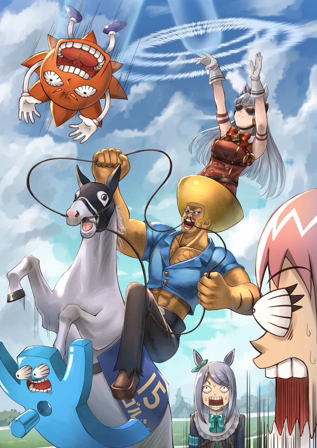 3boys 3girls abs afro animal_ears beauty_(bobobo-bo_bo-bobo) blonde_hair bloodshot_eyes bobobo-bo_bo-bobo creature_and_personification crossover don_patch facial_hair gold_ship_(racehorse) gold_ship_(umamusume) grey_hair highres horse horse_ears mejiro_mcqueen_(umamusume) multiple_boys multiple_girls mustache nose_hair open_mouth personification photo-referenced pink_hair screaming sunglasses surprised tokoro_tennosuke umamusume yakkuro