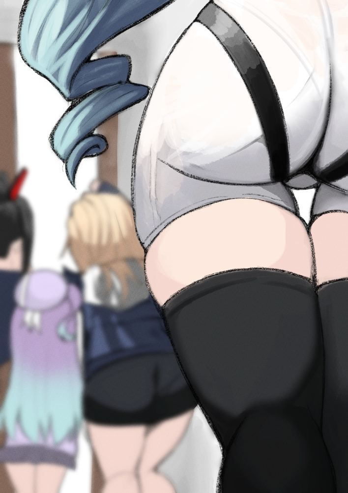 4girls ass ass_focus black_hair black_skirt black_thighhighs blonde_hair blue_hair ein_(nikke) goddess_of_victory:_nikke ieugama long_hair multicolored_hair multiple_girls pink_hair privaty_(nikke) rei_(nikke) skirt thick_thighs thigh_gap thighhighs thighs tight_clothes two-tone_hair very_long_hair white_romper zwei_(nikke)