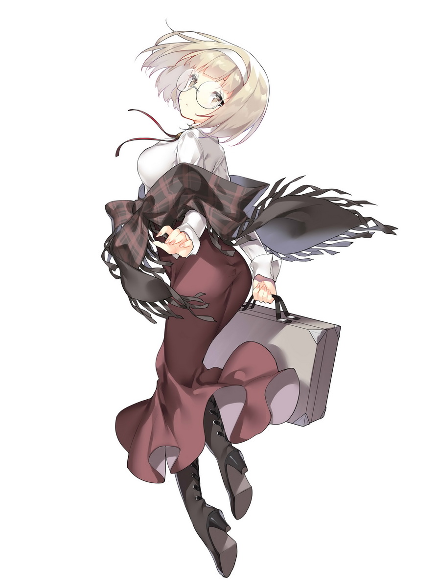 1girl ass bag boots breasts brown_boots brown_skirt commentary_request female_focus fingernails fringe_trim full_body glasses hairband head_tilt high_heel_boots high_heels highres holding holding_bag lace-up_boots light_brown_hair long_skirt long_sleeves looking_at_viewer looking_back medium_breasts neck_ribbon original red_ribbon ribbon round_eyewear saru shawl shirt shoe_soles simple_background skirt solo suitcase white_background white_hairband white_shirt