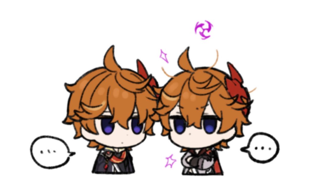 ... 2boys black_shirt blue_eyes dual_persona electro_symbol_(genshin_impact) genshin_impact grey_shirt marimo_jh multiple_boys orange_hair red_scarf scarf shirt simple_background speech_bubble spoken_ellipsis static_electricity tartaglia_(delusion)_(genshin_impact) tartaglia_(genshin_impact) white_background