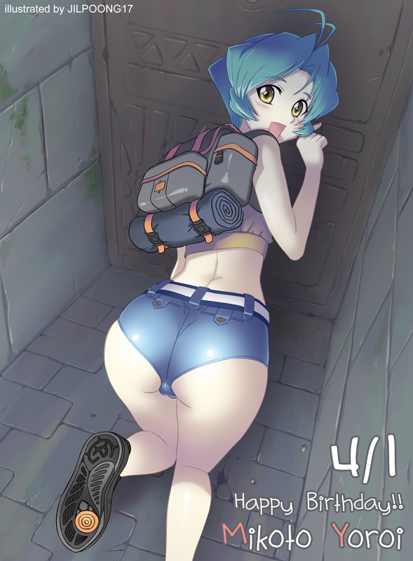 1girl antenna_hair ass backpack bag bent_over birthday blue_hair cameltoe fat_mons female_focus happy_birthday jilpoong17 makishima_azusa muv-luv muv-luv_alternative randoseru short_hair shorts smile solo yellow_eyes yoroi_mikoto
