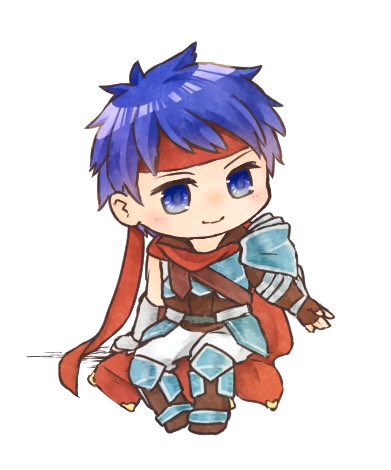 1boy armor blue_eyes blue_hair brown_footwear cape chibi fingerless_gloves fire_emblem fire_emblem:_radiant_dawn gloves headband ike_(fire_emblem) ike_(vanguard_legend)_(fire_emblem) lowres male_focus nintendo pauldrons red_cape red_headband short_hair shoulder_armor single_pauldron sitting smile solo white_background yuno_(isn_iisynitkr)