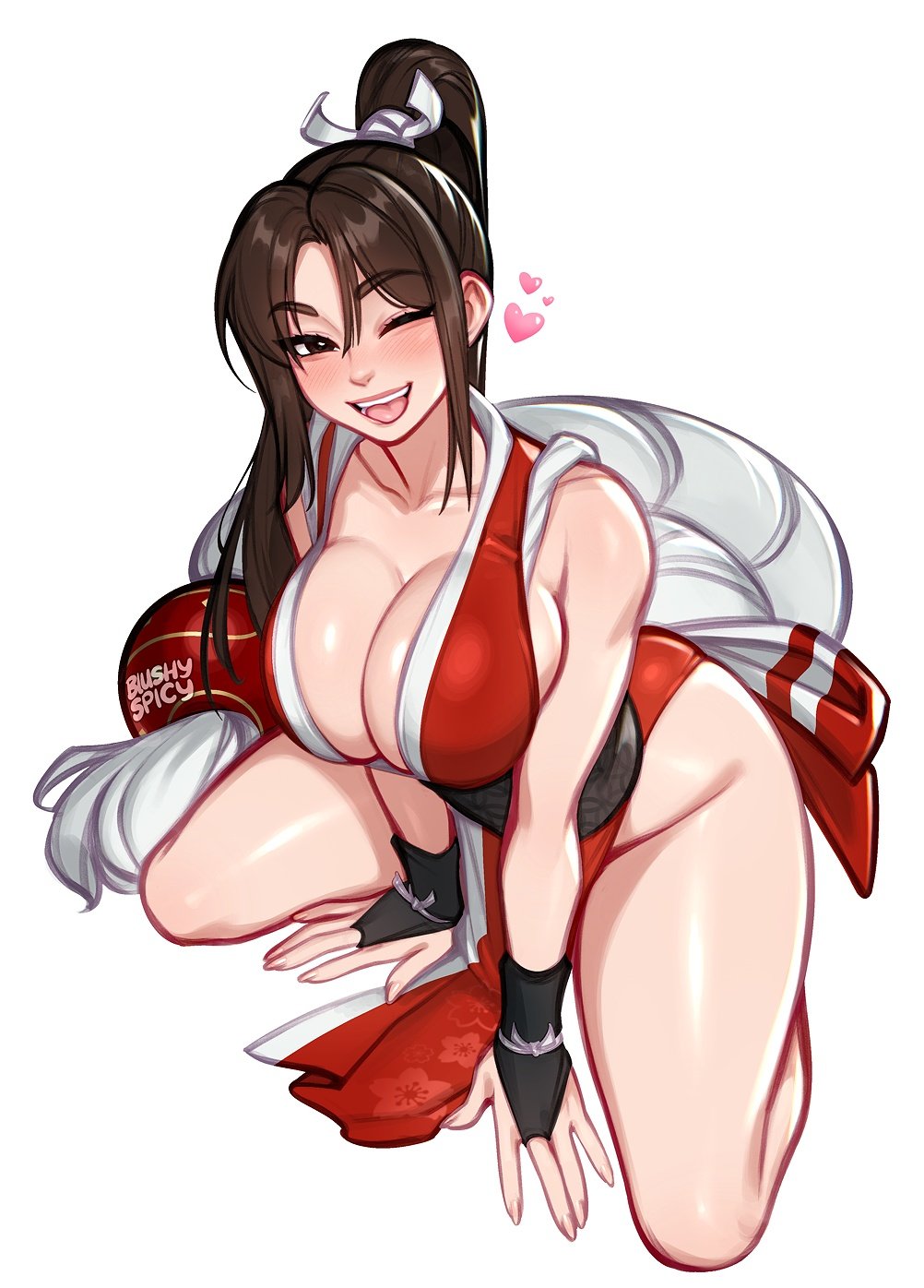 1girl bare_shoulders blushyspicy breasts brown_eyes brown_hair cleavage fatal_fury high_ponytail highres japanese_clothes kneeling large_breasts long_hair looking_at_viewer one_eye_closed open_mouth pelvic_curtain ponytail shiranui_mai simple_background solo teeth the_king_of_fighters thick_thighs thighs white_background