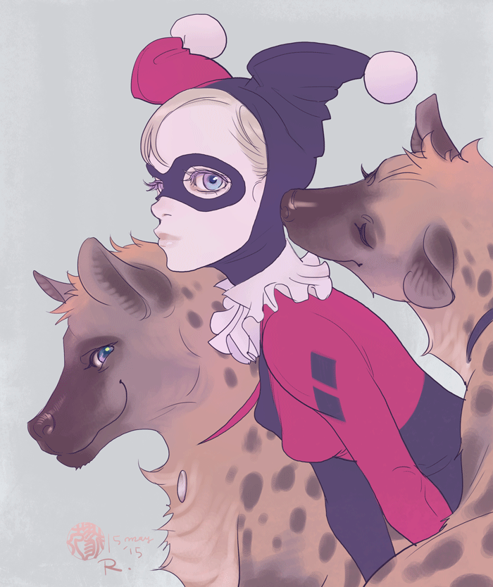 1girl batman_(series) blonde_hair blue_eyes bodysuit breasts bud_and_lou dc_comics domino_mask female_focus harley_quinn hyena mask ricken simple_background solo