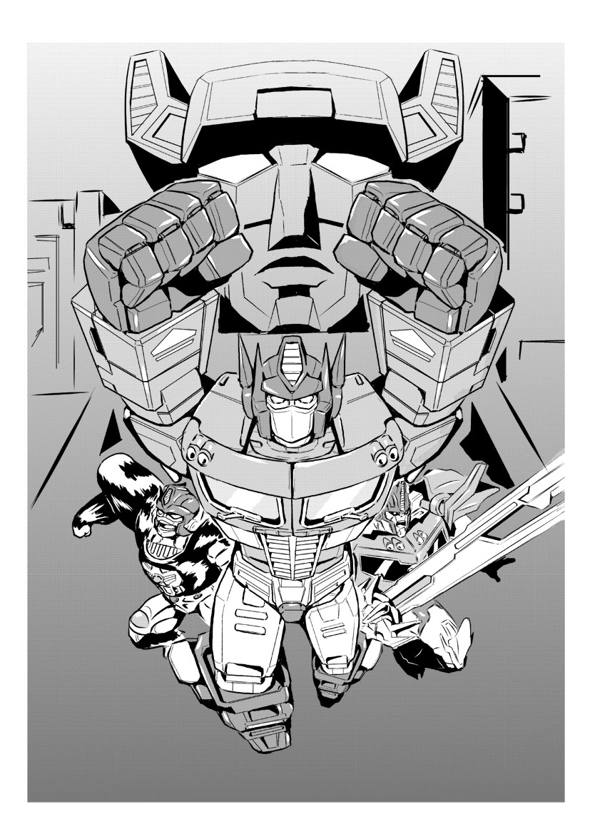 1980s_(style) 1990s_(style) 4boys autobot beast_wars fortress_maximus glowing gorilla greyscale kamizono_(spookyhouse) machine machinery male_focus maximal mecha monochrome multiple_boys multiple_persona no_humans retro_artstyle open_mouth optimus_primal optimus_prime personification retro_artstyle robot science_fiction sword teeth transformers transformers_prime weapon