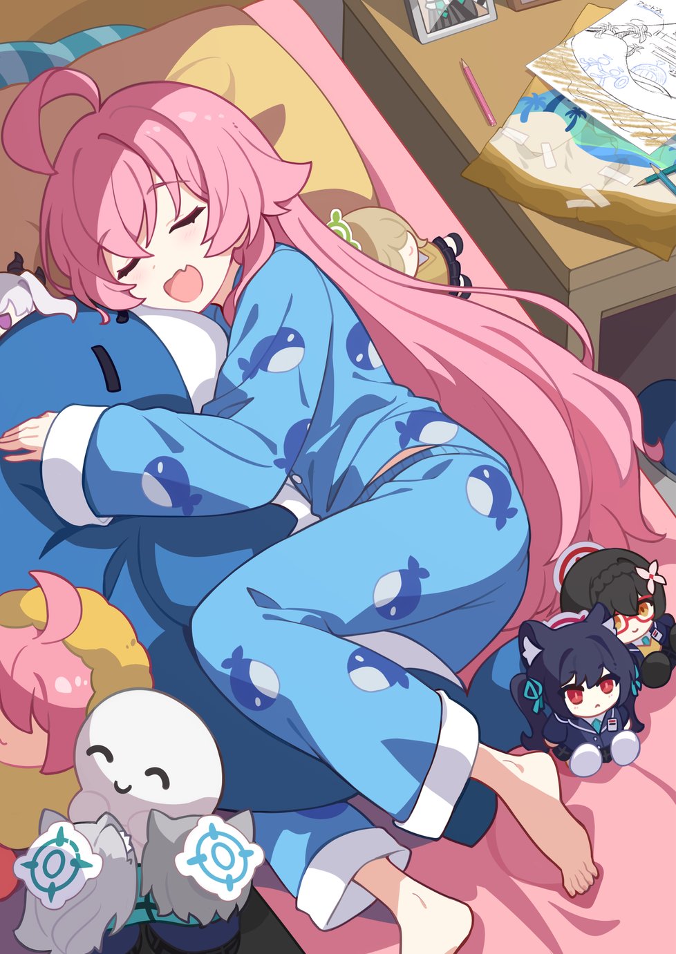 1girl ahoge animal_print ayane_(blue_archive) barefoot black_hair blue_archive blue_pajamas blue_scarf brown_hair closed_eyes doodle_sensei_(blue_archive) fang glasses grey_hair hair_ornament highres hina_(blue_archive) holding holding_stuffed_toy hoshino_(blue_archive) ideolo long_hair long_sleeves lying nonomi_(blue_archive) on_bed on_side open_mouth pajamas paper picture_frame pillow pink_hair red_eyes scarf sensei_(blue_archive) serika_(blue_archive) shiroko_(blue_archive) shiroko_terror_(blue_archive) skin_fang sleeping sleepwear stuffed_animal stuffed_toy stuffed_whale twintails very_long_hair