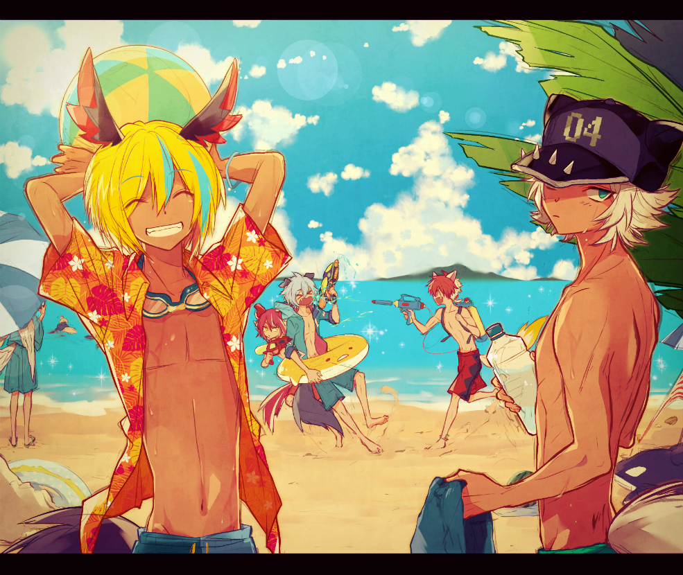 10s 4boys animal_ears arms_behind_head atori12 bad_id bad_twitter_id baseball_cap beach blonde_hair blue_male_swimwear blue_swim_trunks bottle closed_eyes day drawstring gengen_(show_by_rock!!) goggles goggles_around_neck green_eyes gudetama hat hawaiian_shirt heikou_(show_by_rock!!) innertube kazuzeddo letterboxed liyu-liyu male_focus male_swimwear multicolored_hair multiple_boys open_clothes open_shirt red_hair red_male_swimwear red_swim_trunks sanrio shirt show_by_rock!! smile streaked_hair swim_ring swim_trunks swimsuit tan umbrella water_bottle water_gun white_hair