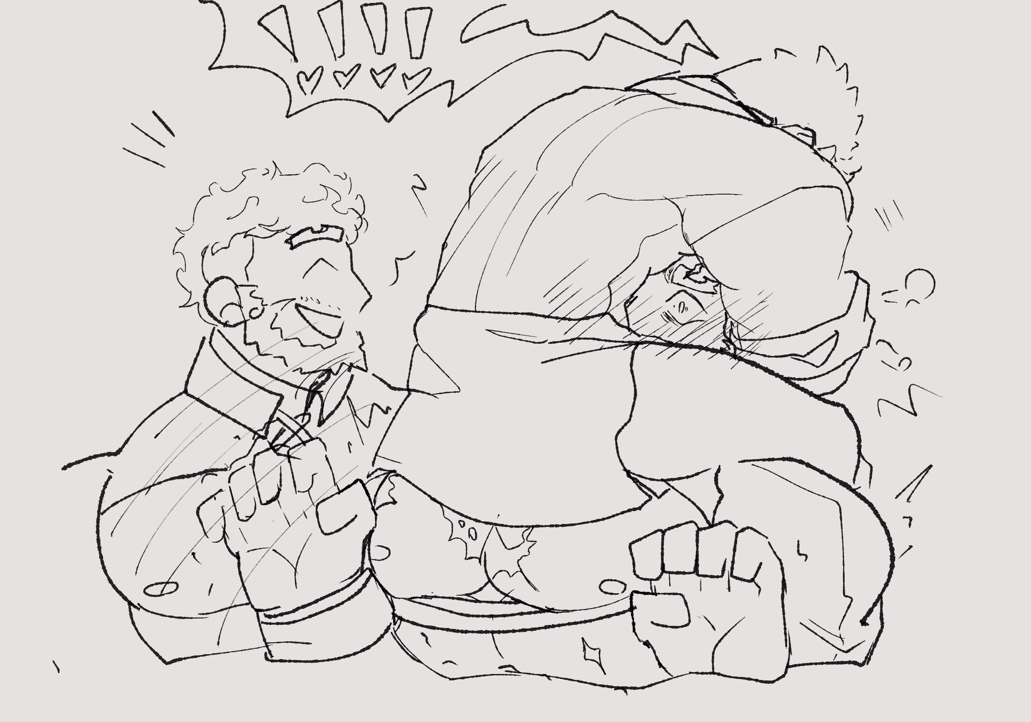 ! 3boys alternate_costume bara beard cropped_torso envysoda facial_hair greyscale hephaestus_(housamo) highres jumping large_pectorals male_focus mature_male monochrome motion_lines multiple_boys muscular muscular_male mustache_stubble nipples pectorals protagonist_3_(housamo) scar scar_on_chest short_hair sitting_on_shoulder spoken_exclamation_mark stubble surprise_hug talos_(housamo) thick_eyebrows tokyo_houkago_summoners wide-eyed yaoi