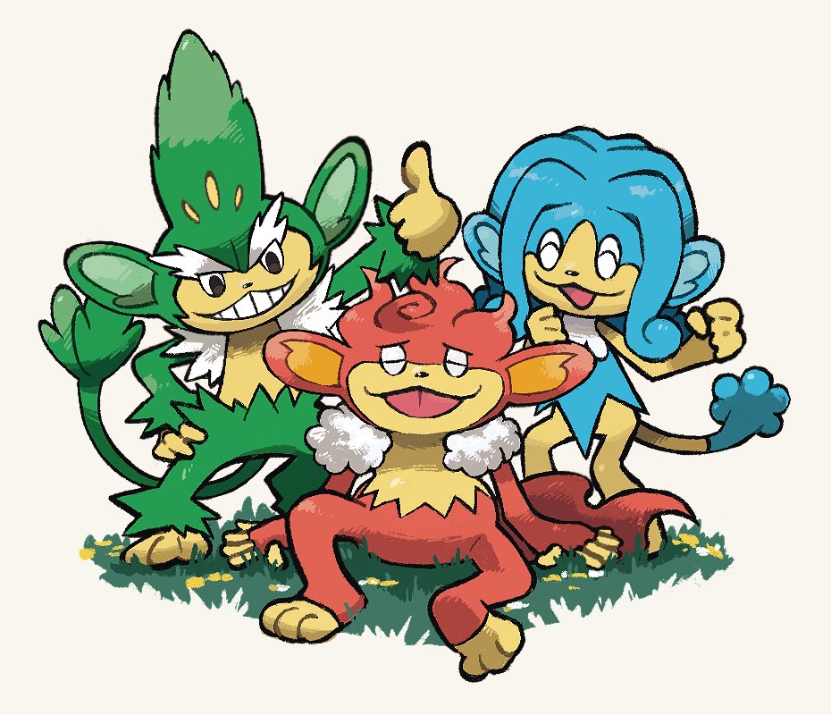 :d ^_^ arm_support clenched_hands closed_eyes flower gen_5_pokemon grass grin kokesa_kerokero nintendo no_humans open_mouth pokemon pokemon_(creature) simipour simisage simisear sitting smile standing teeth thumbs_up yellow_flower
