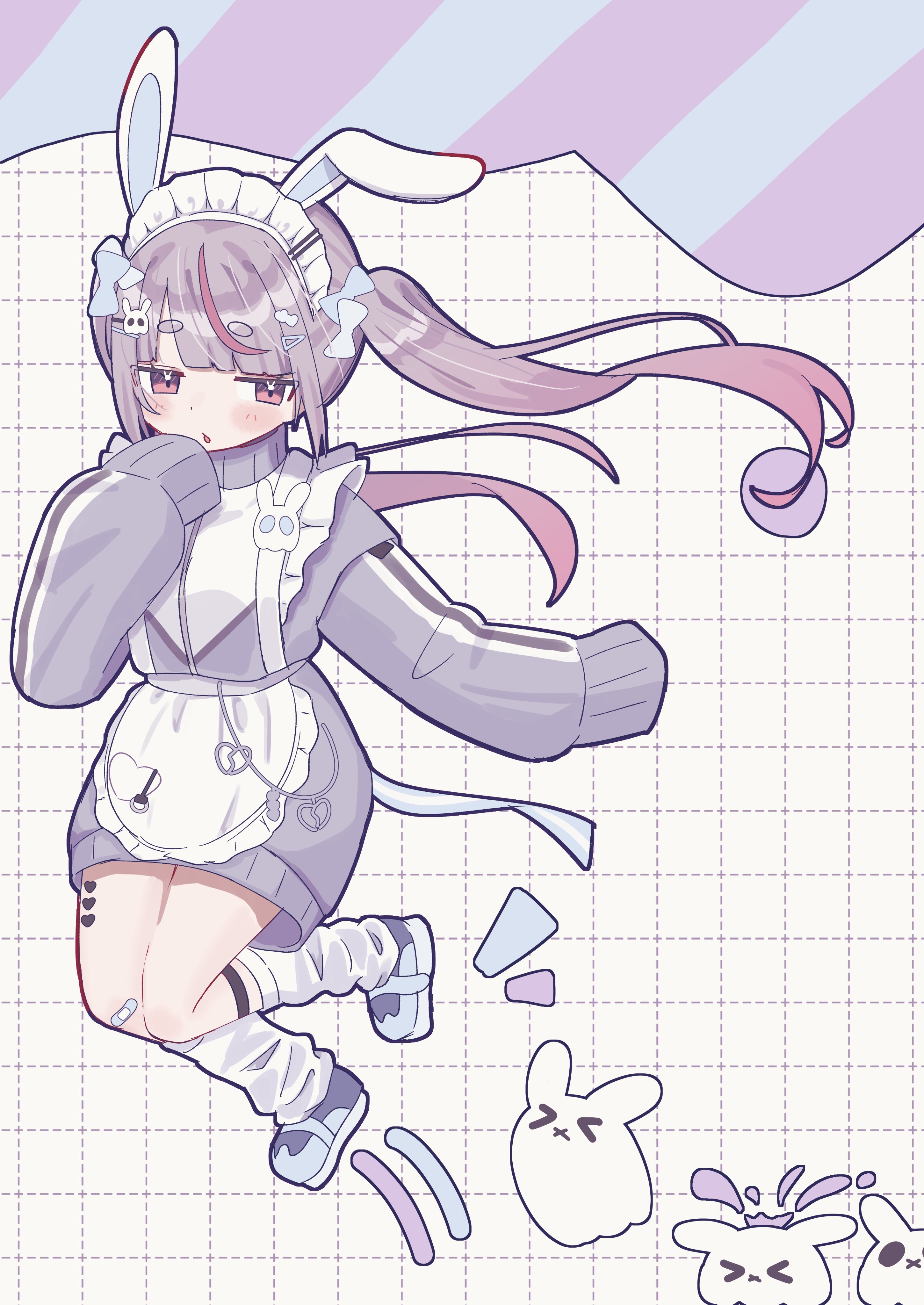 >_< 1girl absurdres animal_ear_hairband animal_ears apron bandaid bandaid_on_knee bandaid_on_leg blunt_bangs bow calflet cattleya_regina_games chestnut_mouth creature fake_animal_ears frilled_hairband frills full_body gradient_hair grey_hair grey_jacket grid_background hair_bow hair_ornament hairband hairpin half-closed_eyes highres jacket jersey_maid jumping long_sleeves loose_socks maid maid_apron maid_headdress multicolored_hair multiple_hair_bows multiple_hairpins parted_bangs pink_eyes pink_hair platform_footwear rabbit_ears shimoyake_(lethal_penguin) sidelocks sleeves_past_fingers sleeves_past_wrists socks solo streaked_hair thick_eyebrows tosaki_mimi tosaki_mimi_(4th_costume) track_jacket twintails unconventional_maid virtual_youtuber vspo!