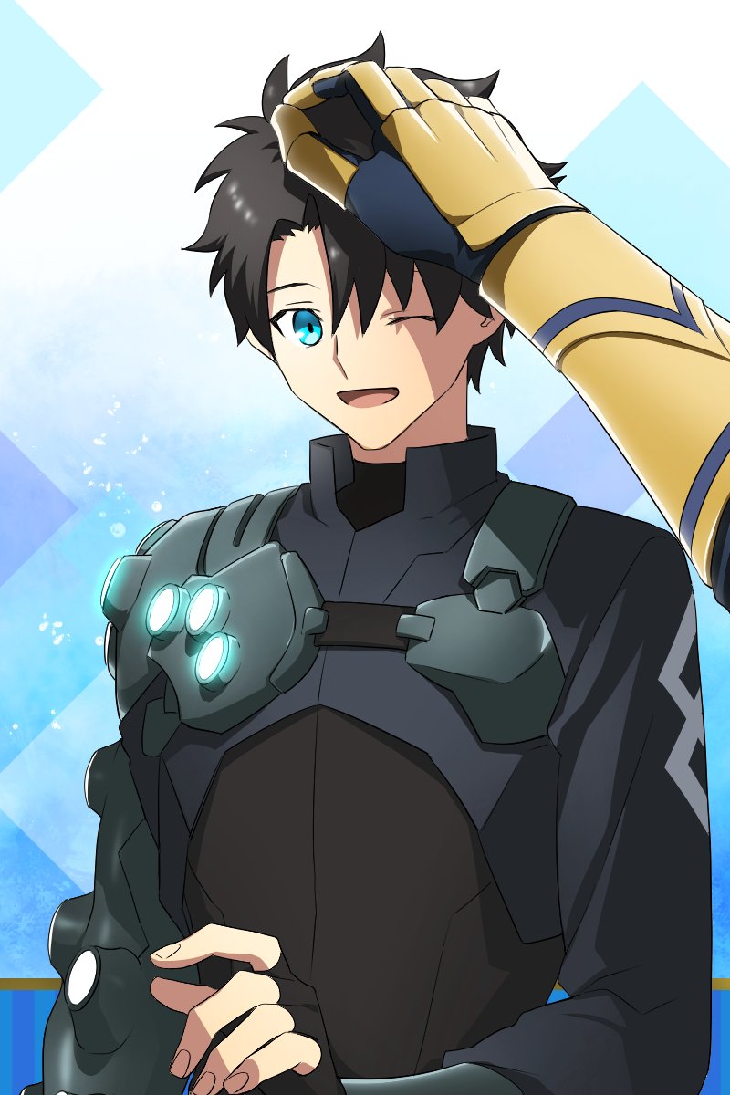 2boys armor black_armor black_hair blue_eyes fate/grand_order fate_(series) fingerless_gloves fujimaru_ritsuka_(male) fujimaru_ritsuka_(male)_(seven_heaven_mystic_code) gauntlets gilgamesh_(fate) gloves glowing gold_armor hair_between_eyes hand_on_another&#039;s_head happy headpat highres long_sleeves male_focus multiple_boys official_alternate_costume one_eye_closed open_mouth out_of_frame shoulder_armor upper_body urup_zzz