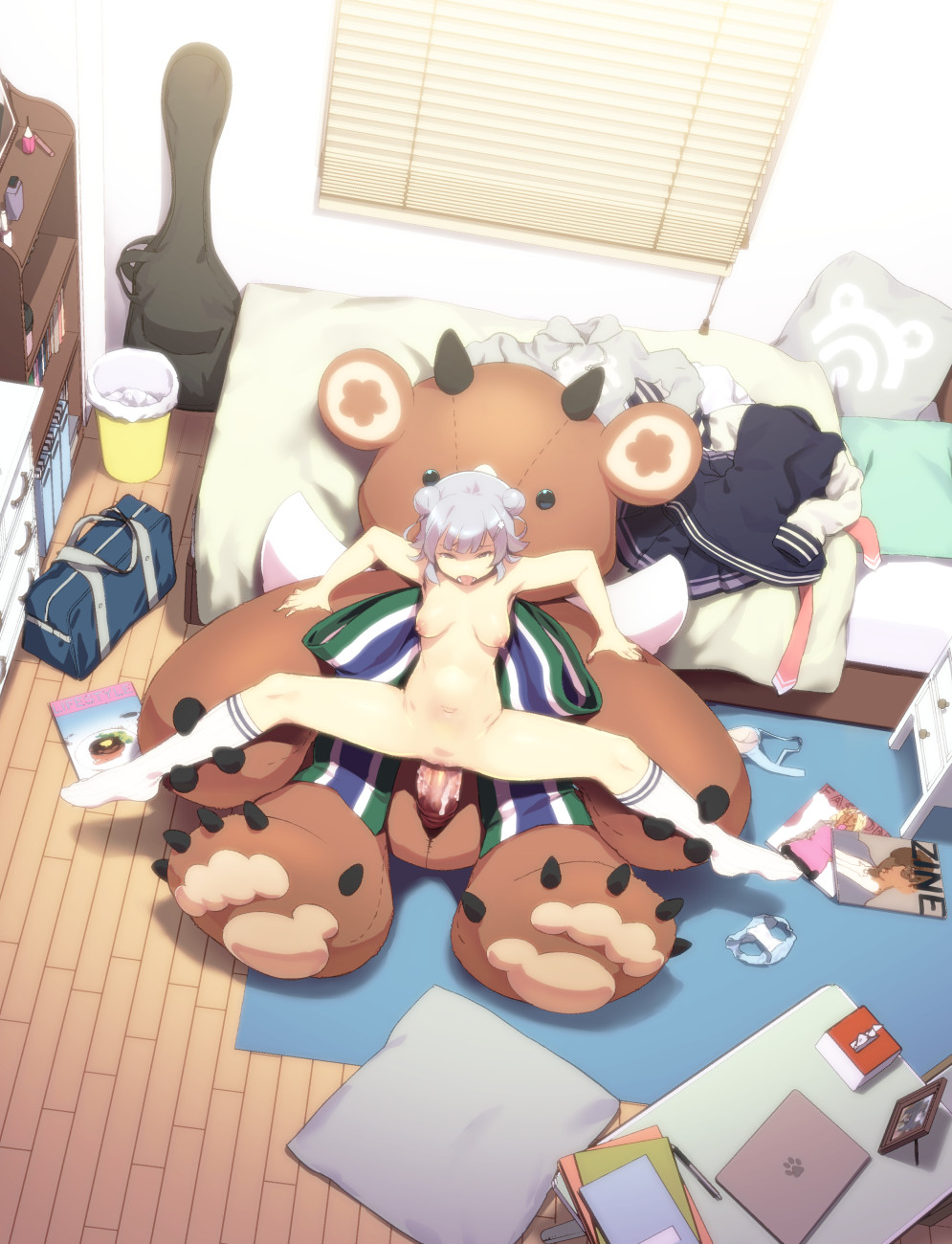 1boy 1girl animal_costume bag bear_costume bed bra breasts breasts_apart cevio clothes_on_bed clothes_on_floor commentary_request cosplay cushion desk double_bun full_body grey_hair guitar_case hair_bun hair_ornament hairclip hetero highres indoors instrument_case kneehighs koharu_rikka lakiston lakiston_(cosplay) large_insertion large_penis large_teddy_bear leg_grab magazine_(object) medium_breasts navel nipples nude open_mouth panties penis reverse_cowgirl_position school_bag school_uniform sex size_difference socks spread_legs stomach_bulge straddling synthesizer_v takemura_sessyu tongue tongue_out trash_can underwear unworn_bra unworn_clothes unworn_panties vaginal white_socks