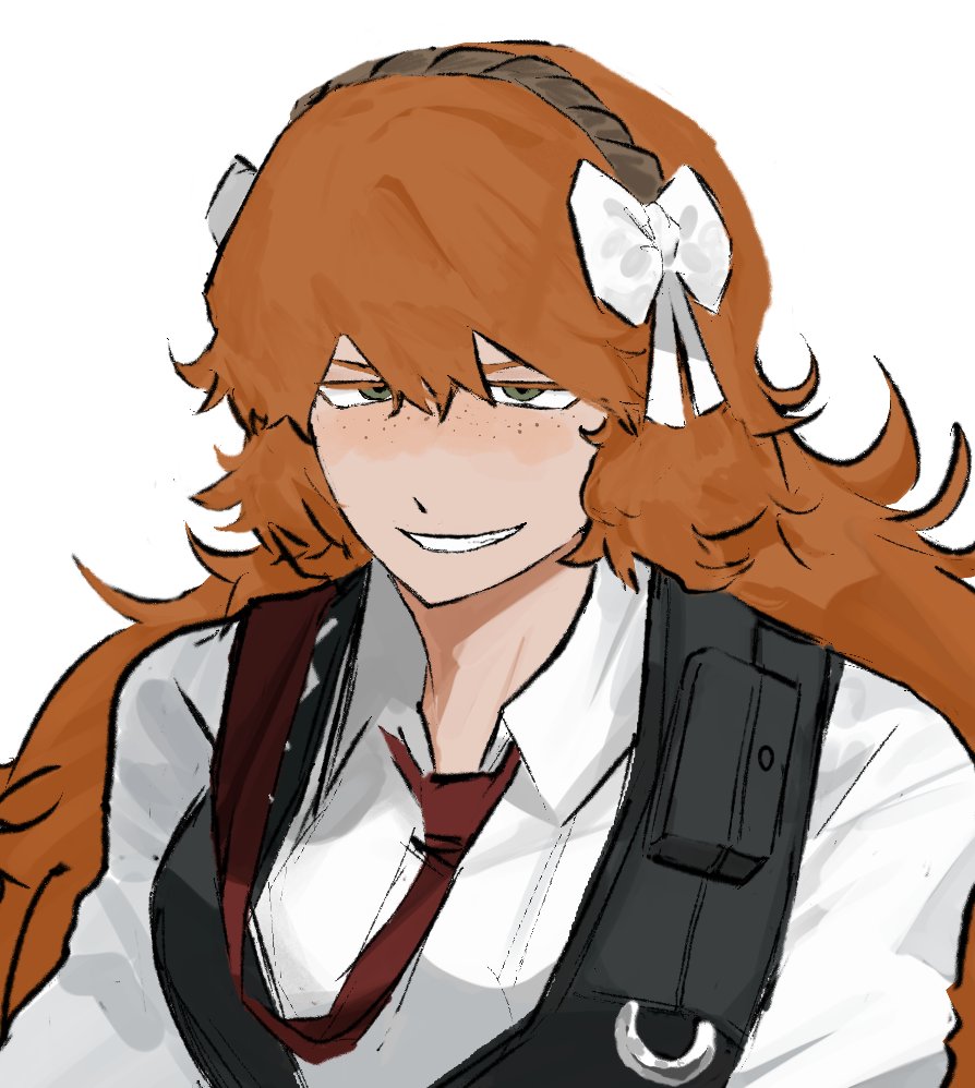 1girl black_vest collared_shirt dress_shirt grin hairband ishmael_(project_moon) ishmaelfanno8 limbus_company long_hair looking_at_viewer necktie_over_shoulder orange_hair portrait project_moon shirt simple_background smile solo v-shaped_eyebrows vest white_background white_shirt