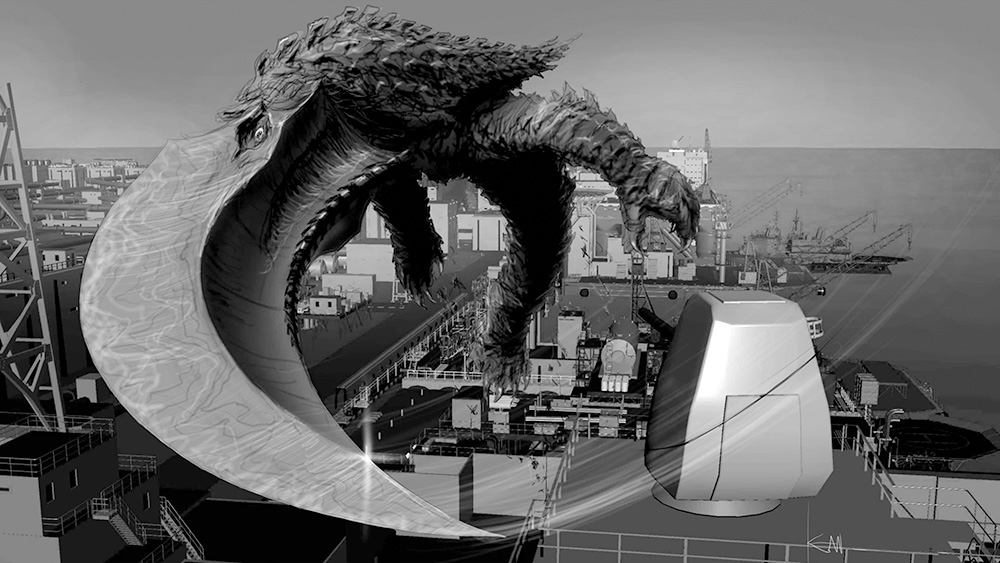 5-inch/54-caliber_mark_45_gun acrobatics artillery cannon concept_art crane_(machine) cutting engi_(animation_studio) full_body gamera_(series) gamera_-rebirth- giant giant_monster guiron jumping kadokawa kaiju looking_at_viewer military monochrome monster motion_lines naval_artillery no_humans ocean official_art oil_platform promotional_art short_tail signature sword tail takahama_kan water weapon