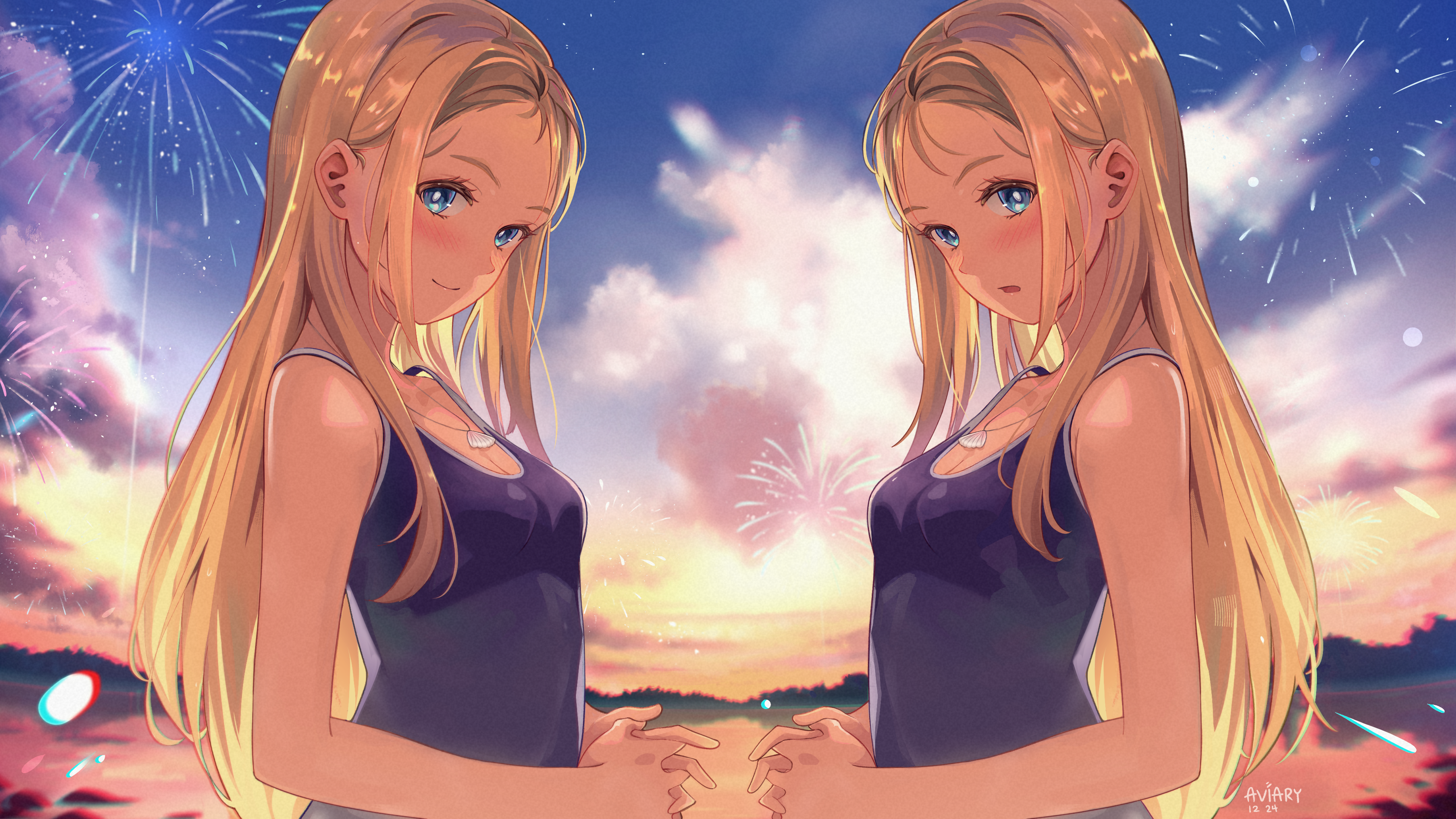 1girl absurdres aerial_fireworks artist_name aviary blonde_hair blue_eyes blue_one-piece_swimsuit blush breasts cleavage closed_mouth competition_school_swimsuit dated evening fireworks from_side highres horizon jewelry kofune_ushio long_hair multiple_views necklace one-piece_swimsuit open_mouth own_hands_together school_swimsuit shell shell_necklace sky small_breasts summertime_render swimsuit symmetrical_hand_pose symmetry upper_body