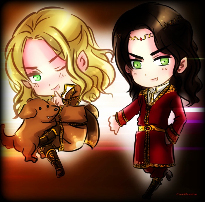 1other 2boys artist_name belt black_hair blonde_hair boots brothers brown_fur celegorm chibi cinemairon collar curufin dog elf full_body green_eyes hand_on_own_hip huan_(silmarillion) jewelry looking_at_viewer male_focus multiple_boys one_eye_closed open_mouth pointy_ears robe sharp_teeth siblings teeth the_silmarillion tiara tolkien&#039;s_legendarium wavy_hair wink
