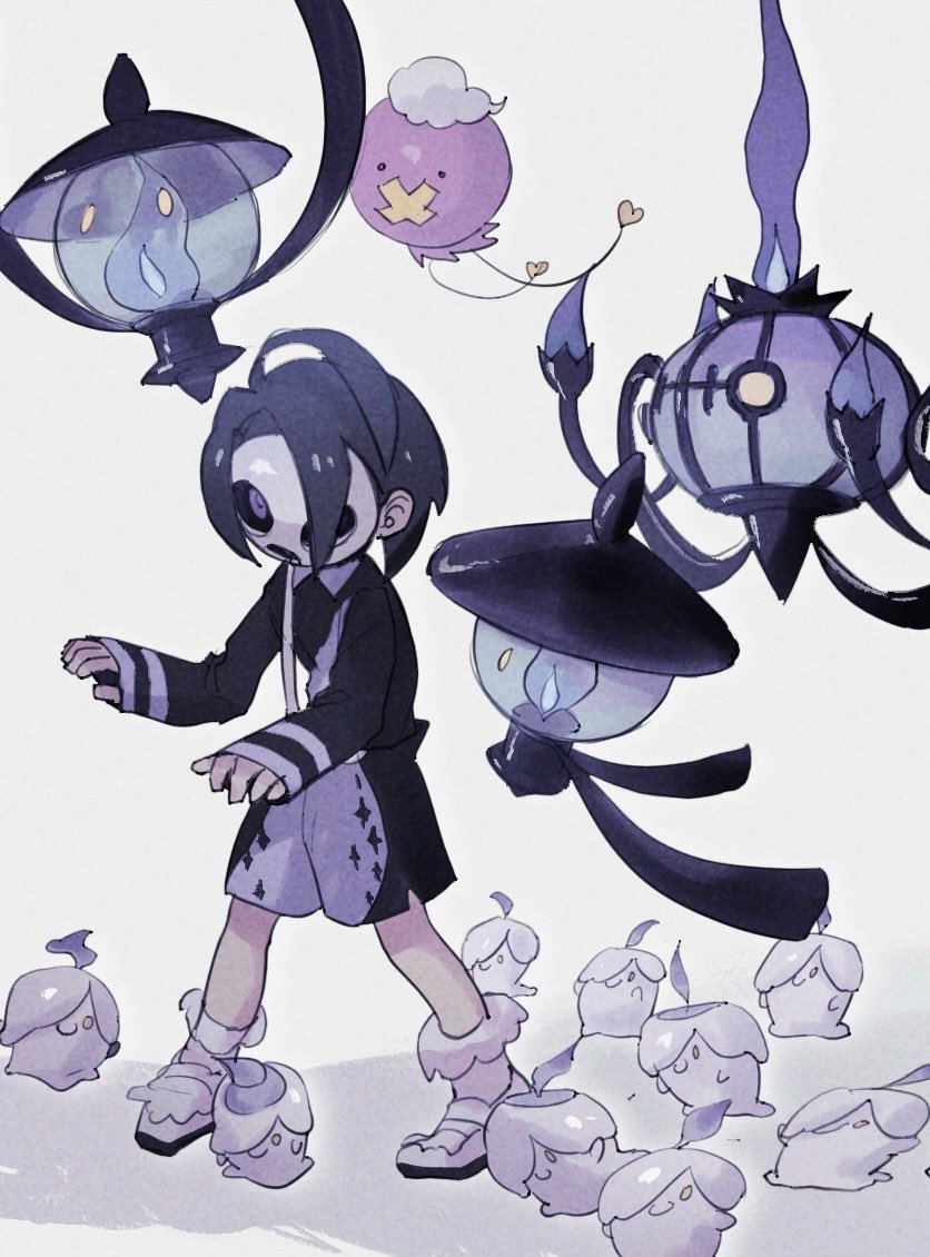 allister_(pokemon) black_hair chandelure collared_shirt colored_skin commentary_request drifloon evolutionary_line fire flying frilled_socks frills full_body game_freak gen_4_pokemon gen_5_pokemon hair_between_eyes heart korean_commentary lampent litwick long_sleeves looking_at_viewer male_focus mask nintendo no_pupils pokemon pokemon_swsh purple_eyes purple_fire purple_skin shirt shoes short_hair shorts simple_background sleeves_past_wrists socks standing suspenders switssin white_background white_hair white_skin wing_collar x yellow_eyes