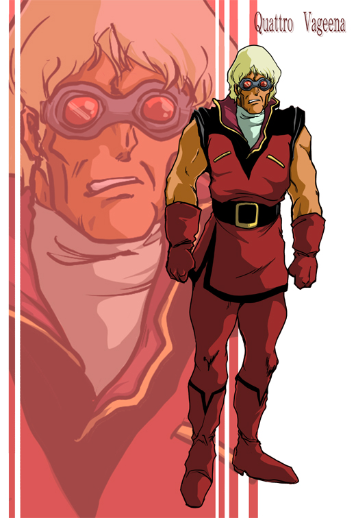 1boy aeug angry bask_om belt blonde_hair character_name clenched_teeth commentary_request commission fusion gloves goggles gundam lineart male_focus mullet muscular muscular_male nitirenn original parody quattro_bajeena red_gloves redesign science_fiction style_parody teeth zeta_gundam