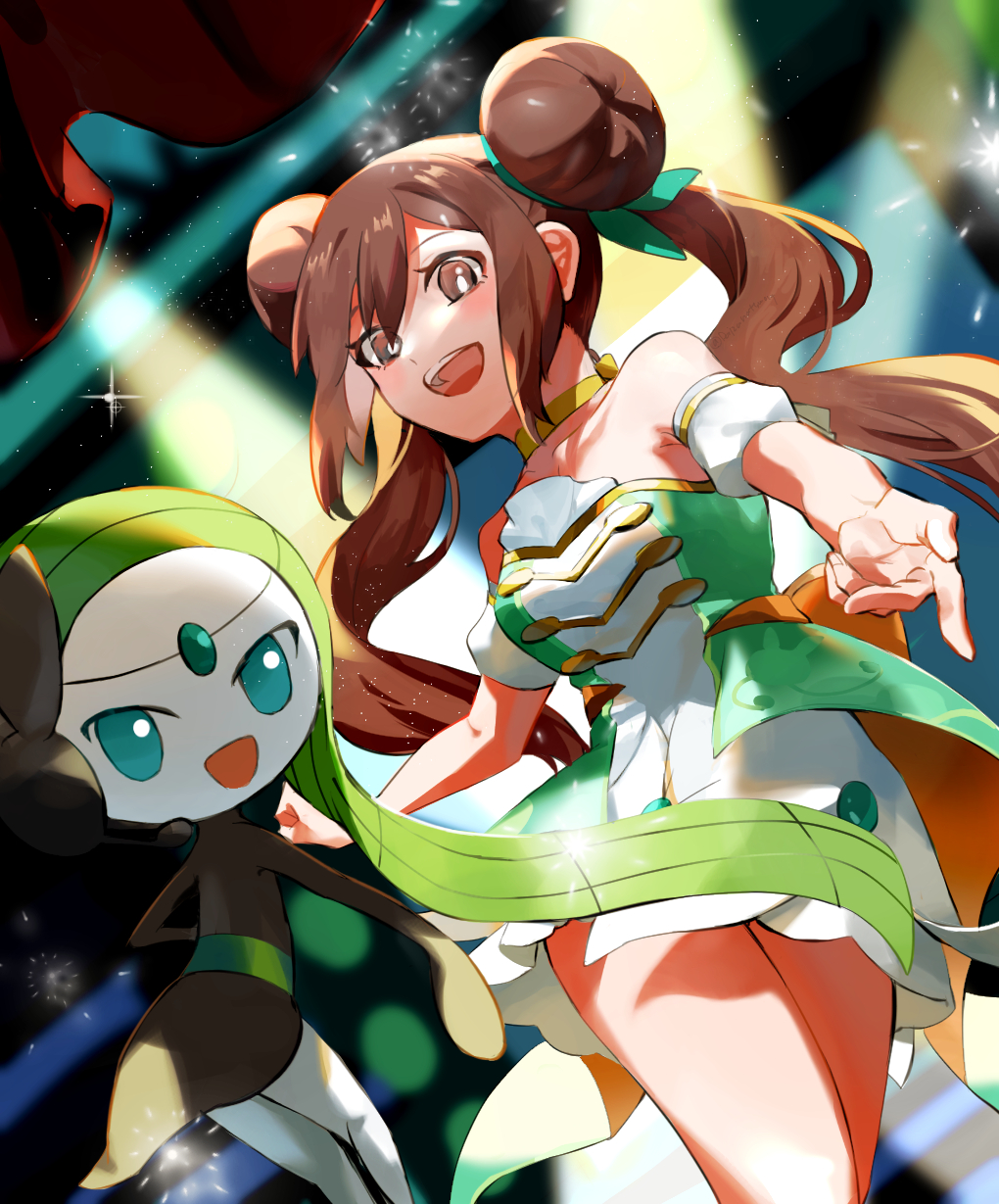 1girl alternate_eye_color bare_shoulders blue_eyes breasts brown_eyes brown_hair collarbone commentary_request double_bun gen_5_pokemon hair_bun highres legendary_pokemon looking_at_viewer medium_breasts meloetta meloetta_(aria) mythical_pokemon nintendo official_alternate_costume pokemon pokemon_(creature) pokemon_masters_ex rosa_(champion)_(pokemon) rosa_(pokemon) smile sparkle tarazumo_(daizunattou014)