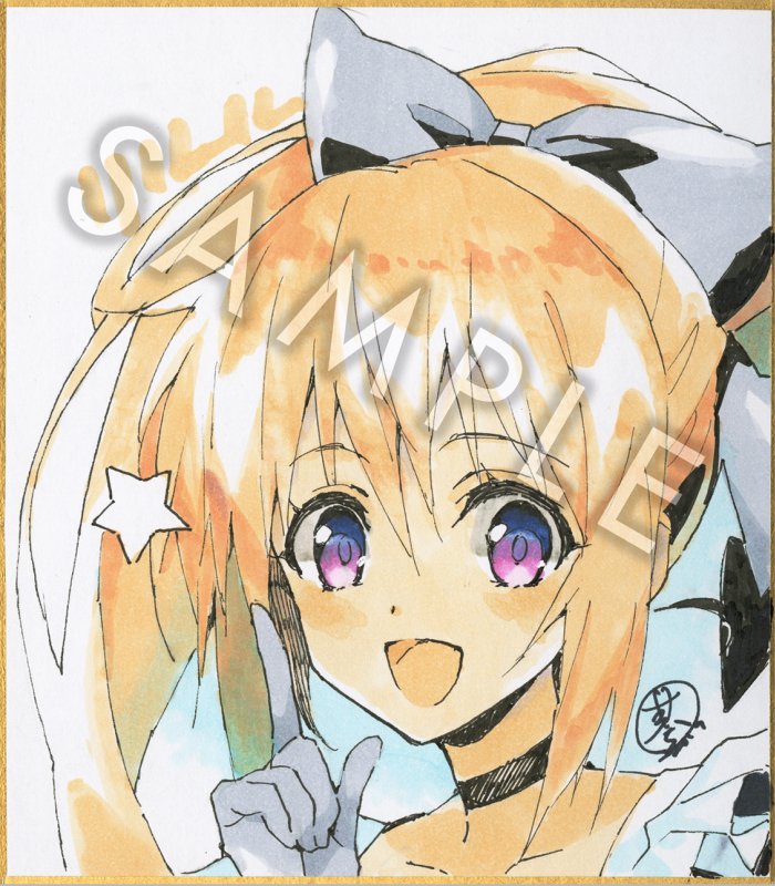 1girl black_choker blonde_hair bow choker collarbone gloves gradient_eyes hair_between_eyes hair_bow hand_up high_ponytail index_finger_raised long_hair looking_at_viewer magical_girl motoyon multicolored_eyes open_mouth ponytail portrait purple_eyes riruru_(subarashiki_hibi) sample_watermark signature smile solo star_(symbol) subarashiki_hibi traditional_media watermark
